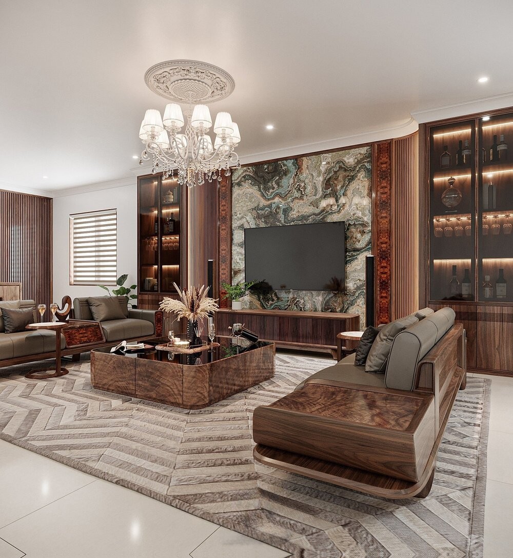 Kệ tivi và tủ rượu gỗ óc chó trong phòng khách