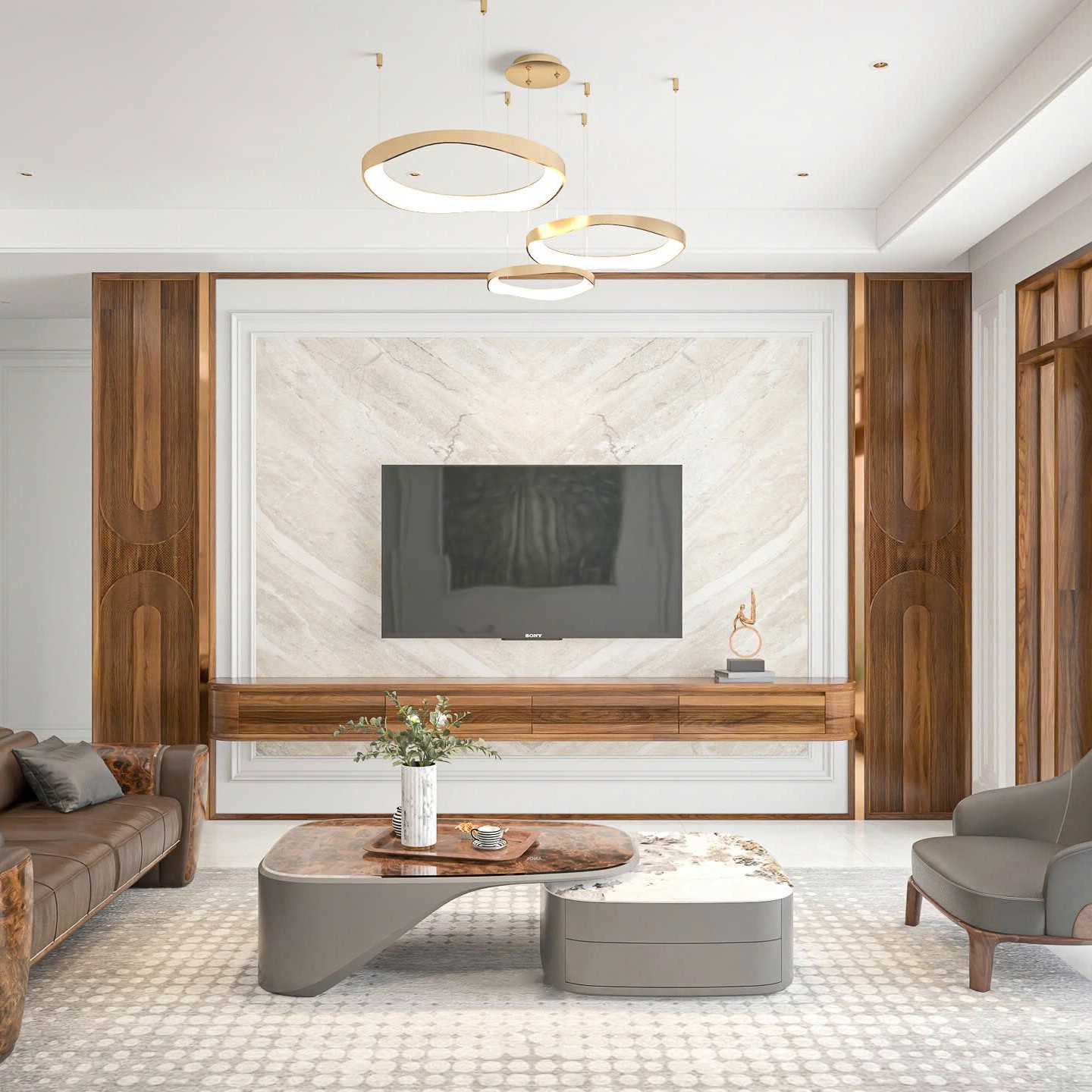 Kệ treo tivi gỗ óc chó thiết kế treo tường hiện đại