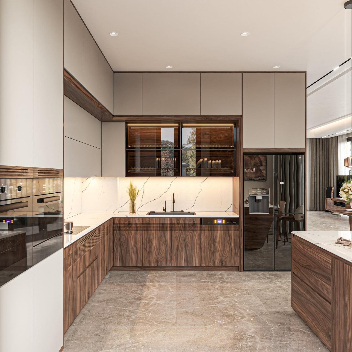 Kệ tủ bếp gỗ óc chó chữ L hiện đại