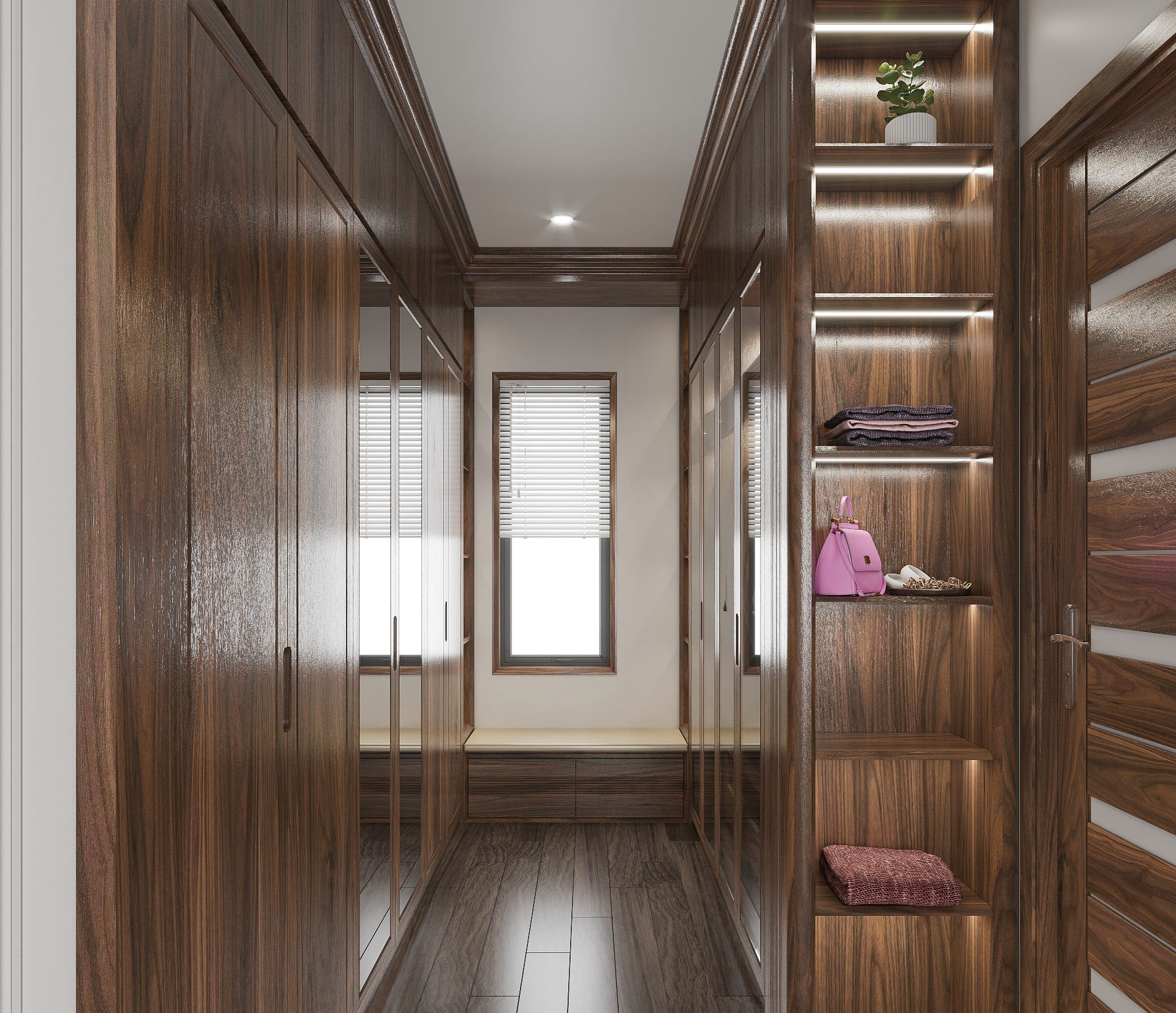 Kê tủ quần áo gỗ óc chó theo phong thủy trong phòng ngủ đúng hướng, tránh đối diện giường và đảm bảo sự cân bằng năng lượng.