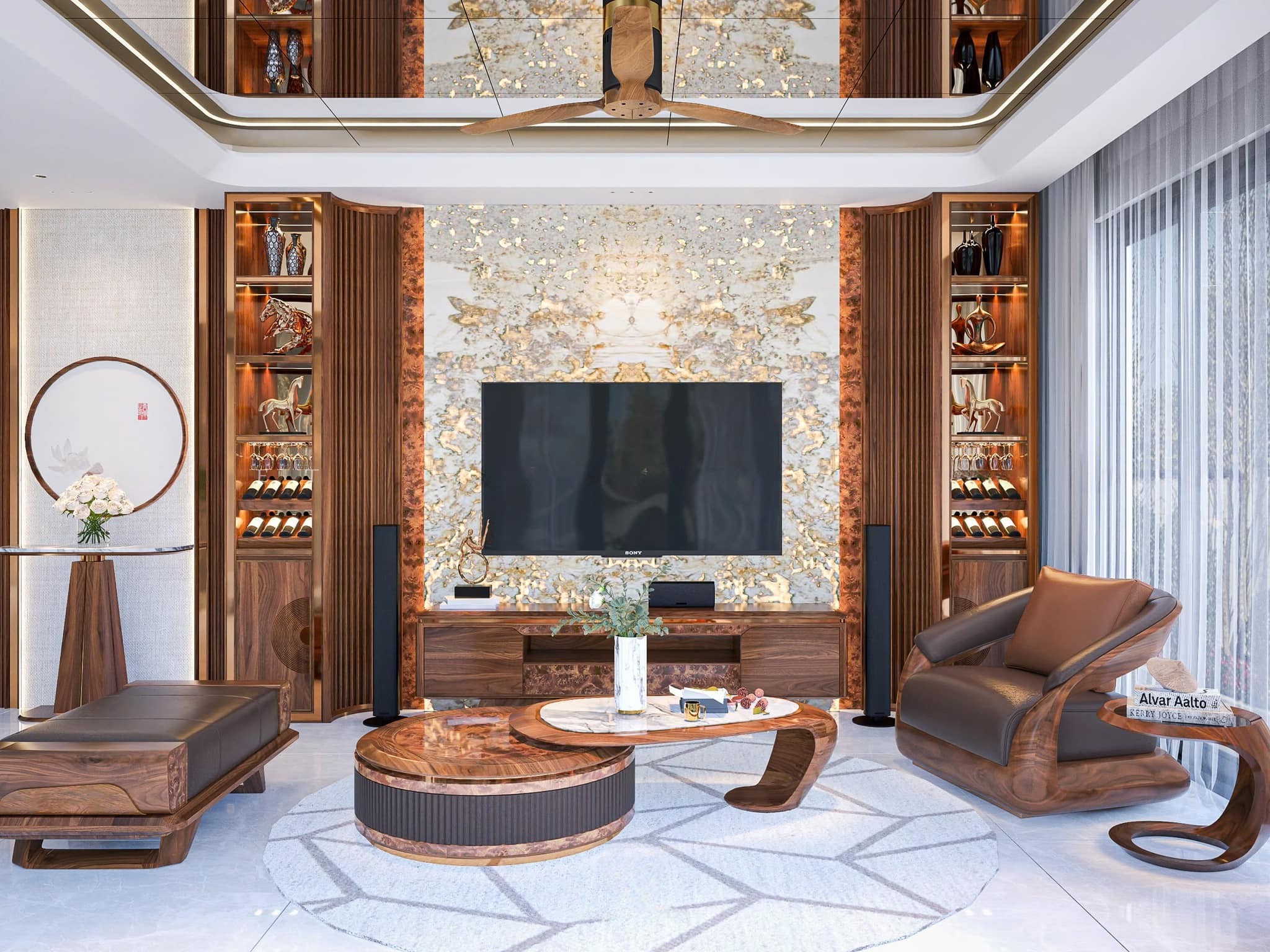 Kệ tủ rượu phòng khách gỗ óc chó với thiết kế sang trọng, bố trí ngăn kệ hợp lý và vân gỗ tự nhiên nổi bật.