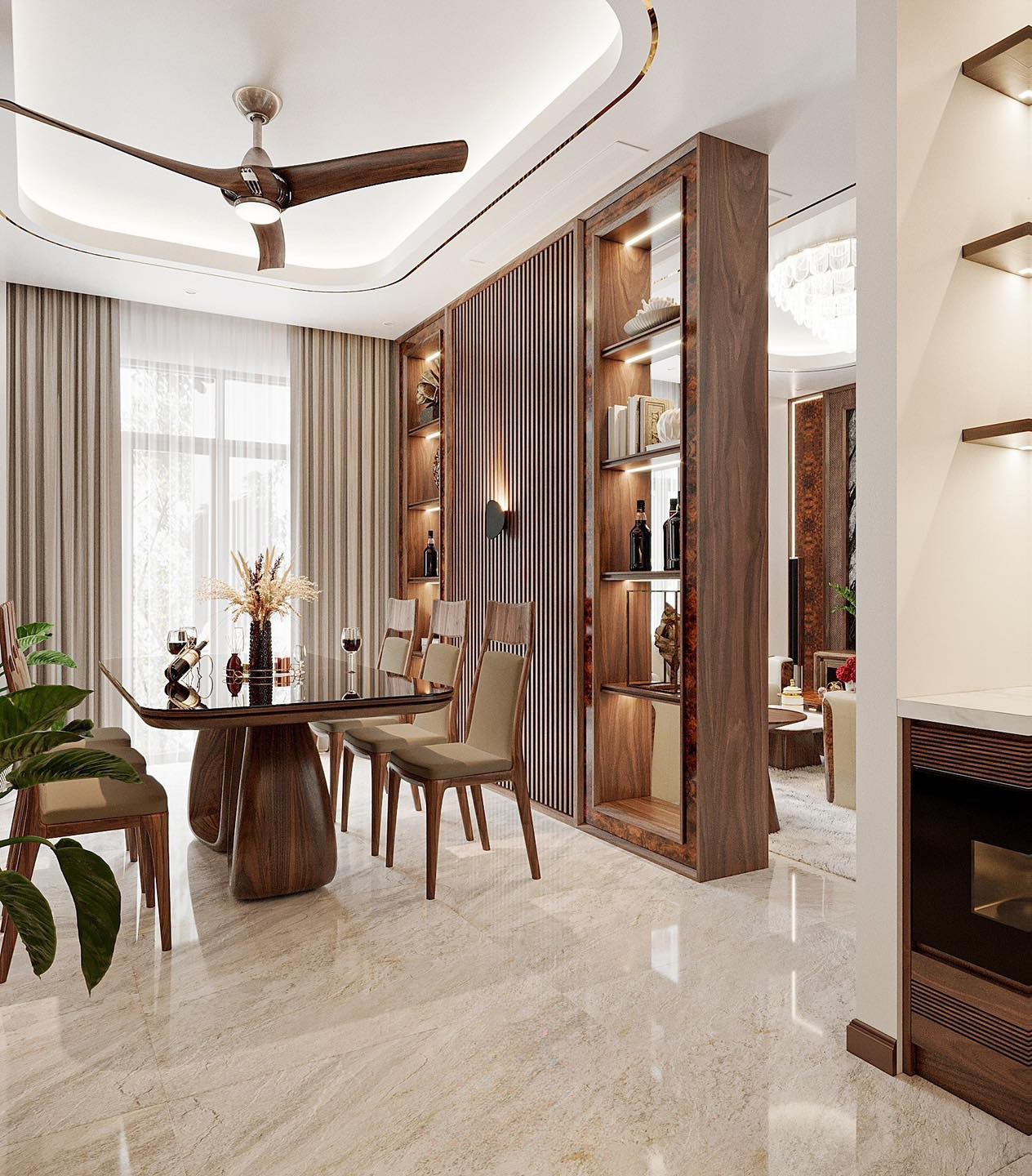 Kệ vách ngăn phòng khách gỗ óc chó kết hợp trang trí và lưu trữ, thiết kế tinh tế và hiện đại.