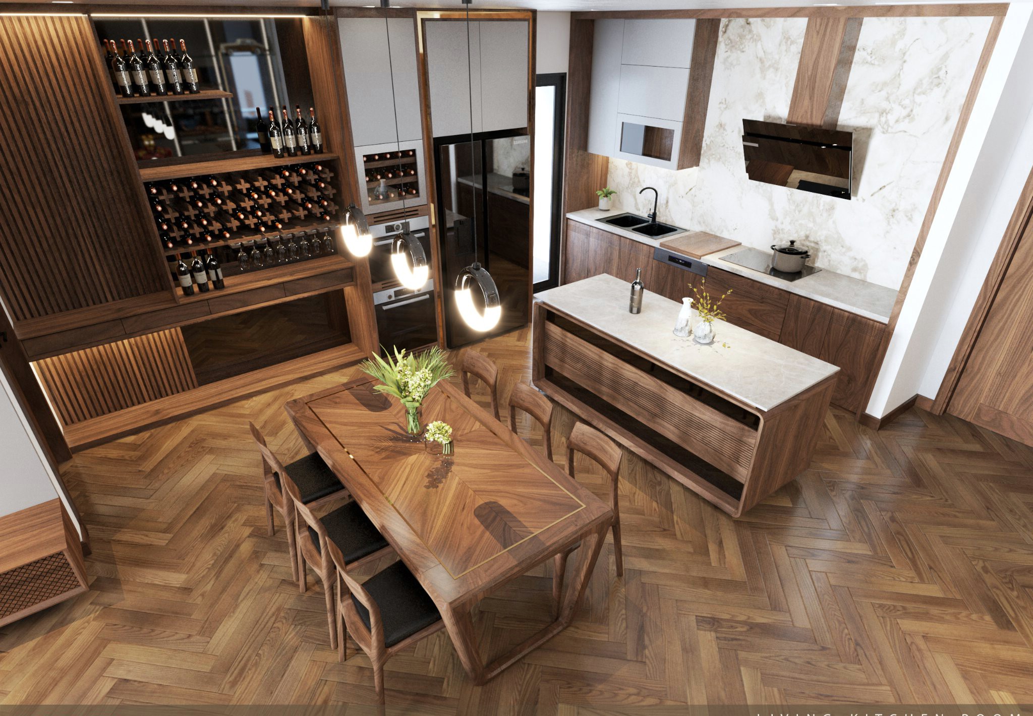 Không gian nội thất phòng bếp gỗ óc chó ấm cúng và tinh tế.