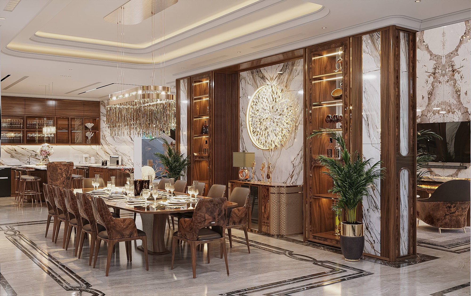 Không gian phòng bếp gỗ óc chó đẹp với hệ tủ bếp đồng bộ và bàn ăn liền kề.