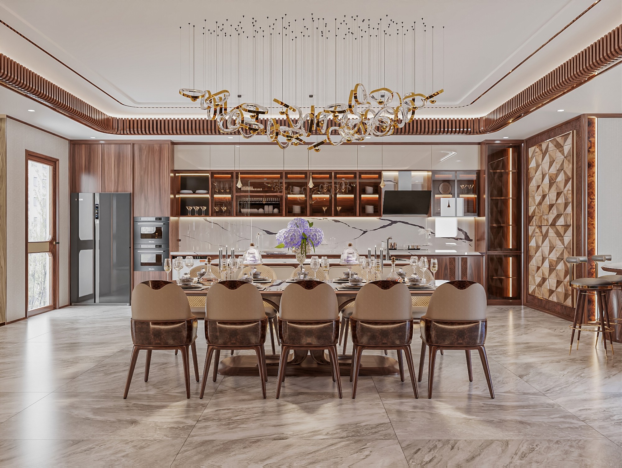 Không gian phòng bếp gỗ óc chó hiện đại với bố cục cân đối, ánh sáng hài hòa và quầy bar tích hợp.