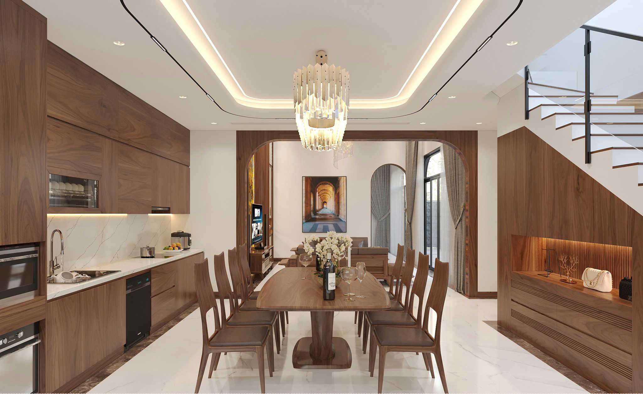 Không gian phòng bếp gỗ óc chó được thiết kế mở, tận dụng ánh sáng tự nhiên và bố trí khoa học.