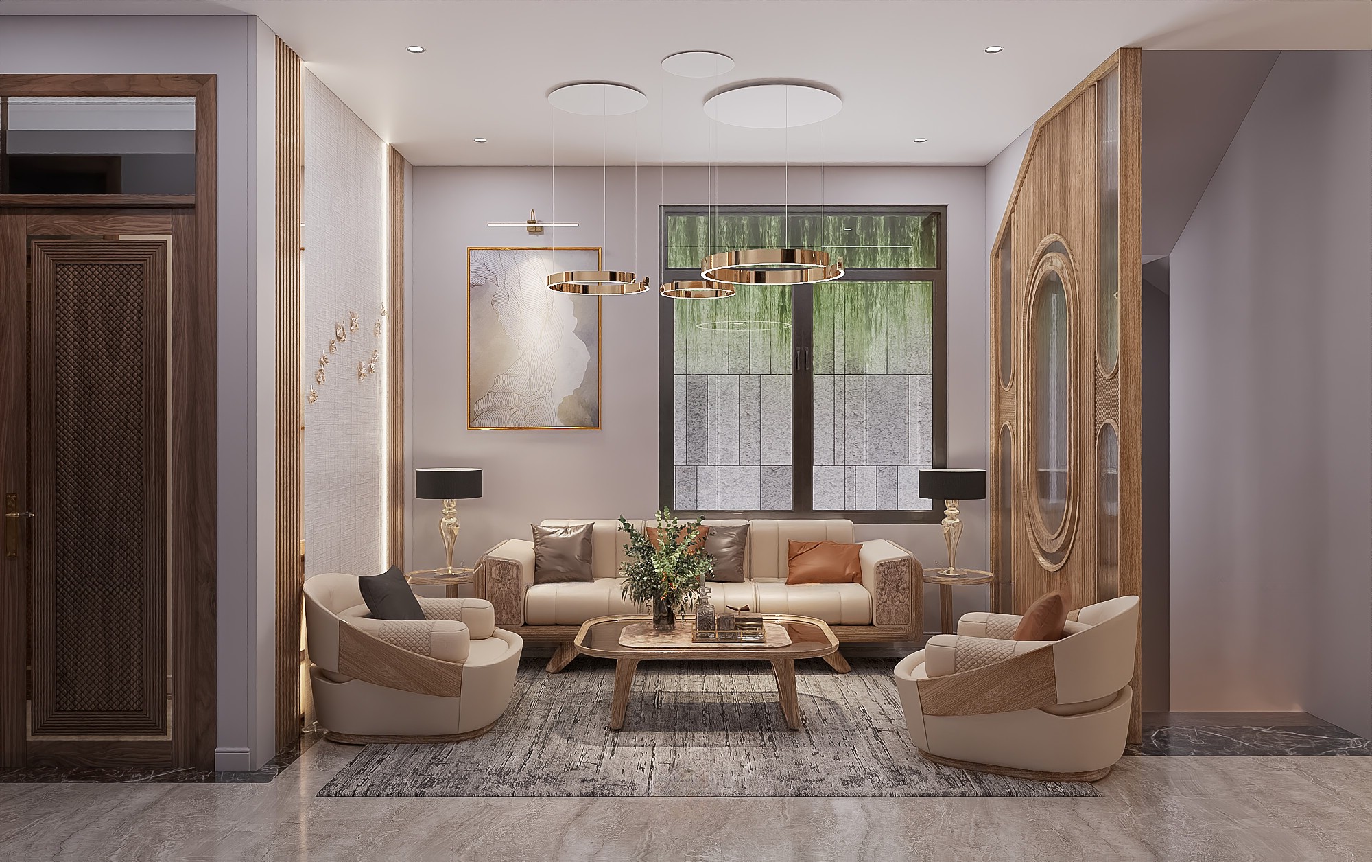 Kích Thước Sofa Gỗ Óc Chó với bố cục cân đối và khoa học.
