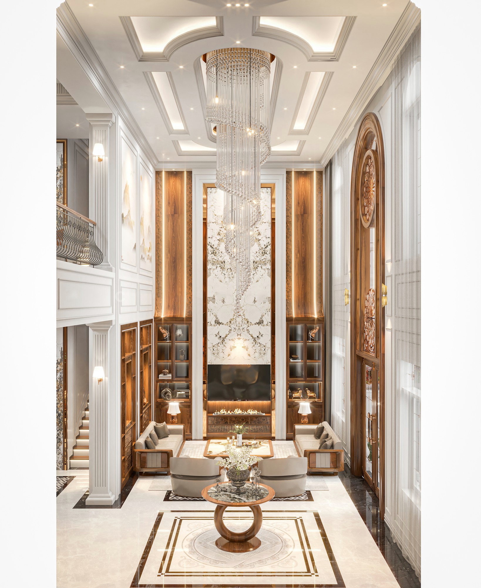 Kiến trúc phòng khách gỗ óc chó đẹp với bố cục không gian mở, trần cao thoáng đãng và hệ nội thất đồng bộ bằng gỗ tự nhiên cao cấp.