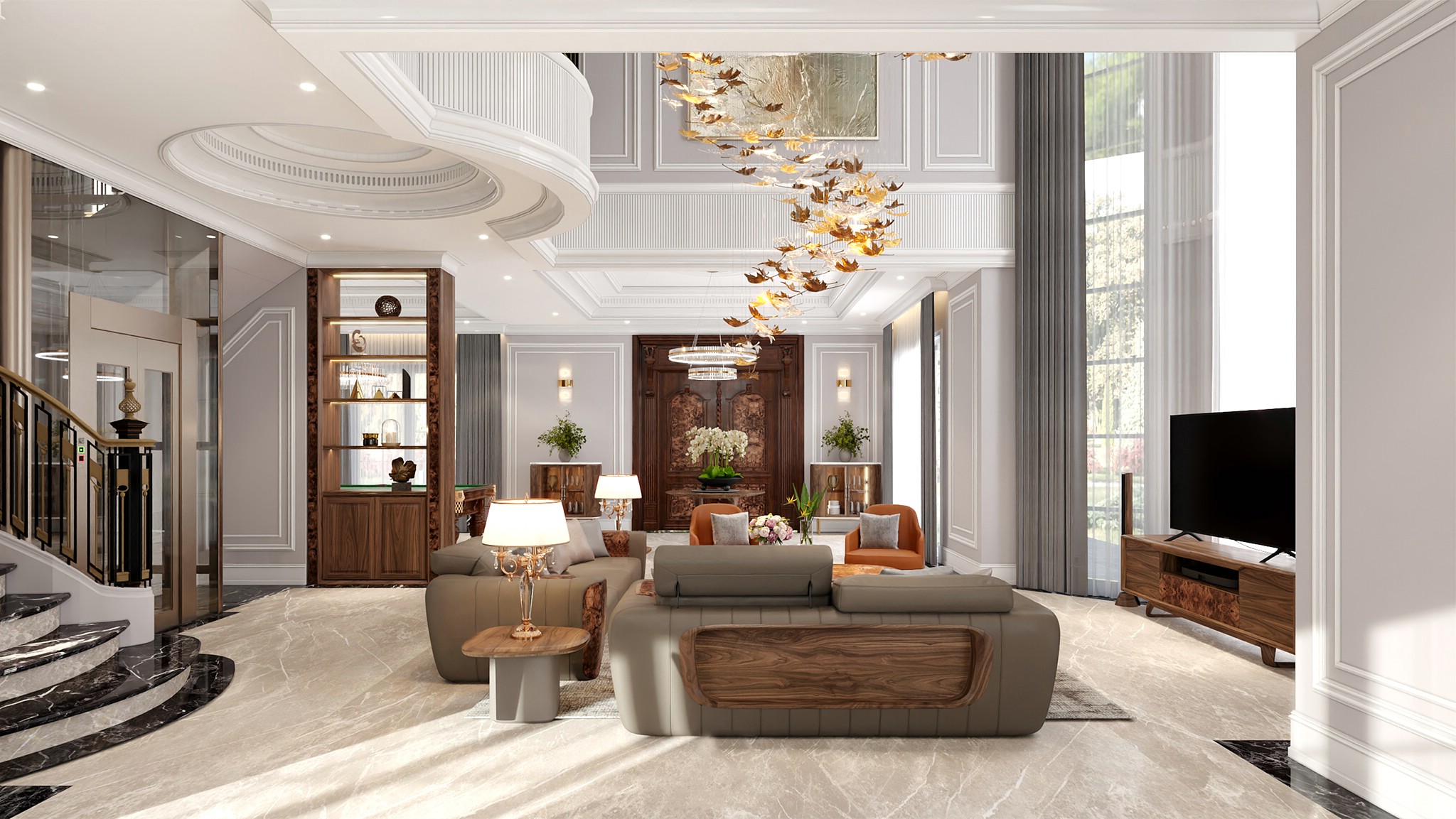 Kiểu phòng khách gỗ óc chó đẹp với phong cách hiện đại, bố cục cân đối và ánh sáng tự nhiên hài hòa.