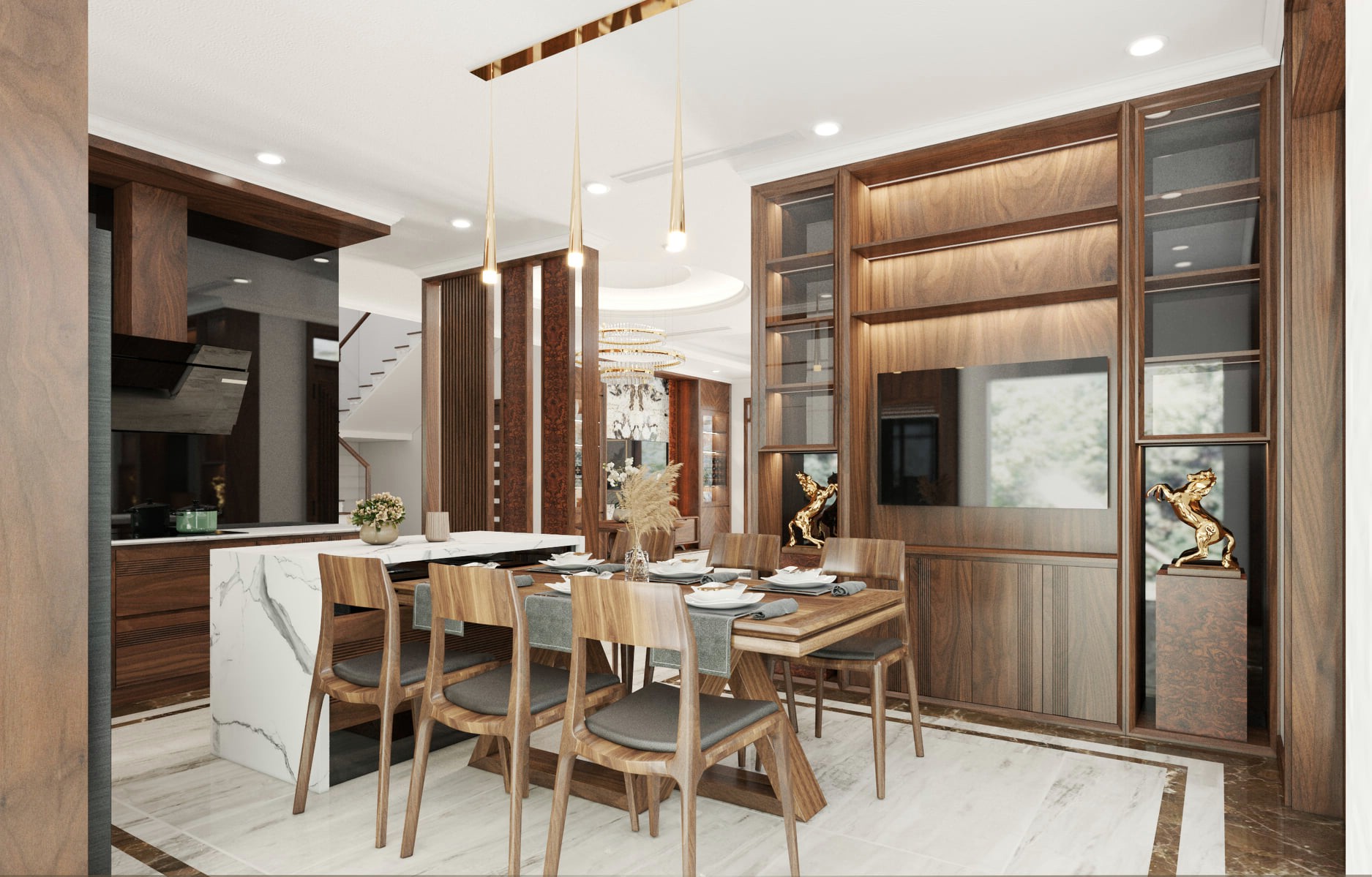 Mẫu bàn ăn cho phòng bếp gỗ óc chó nhỏ thiết kế tối giản.