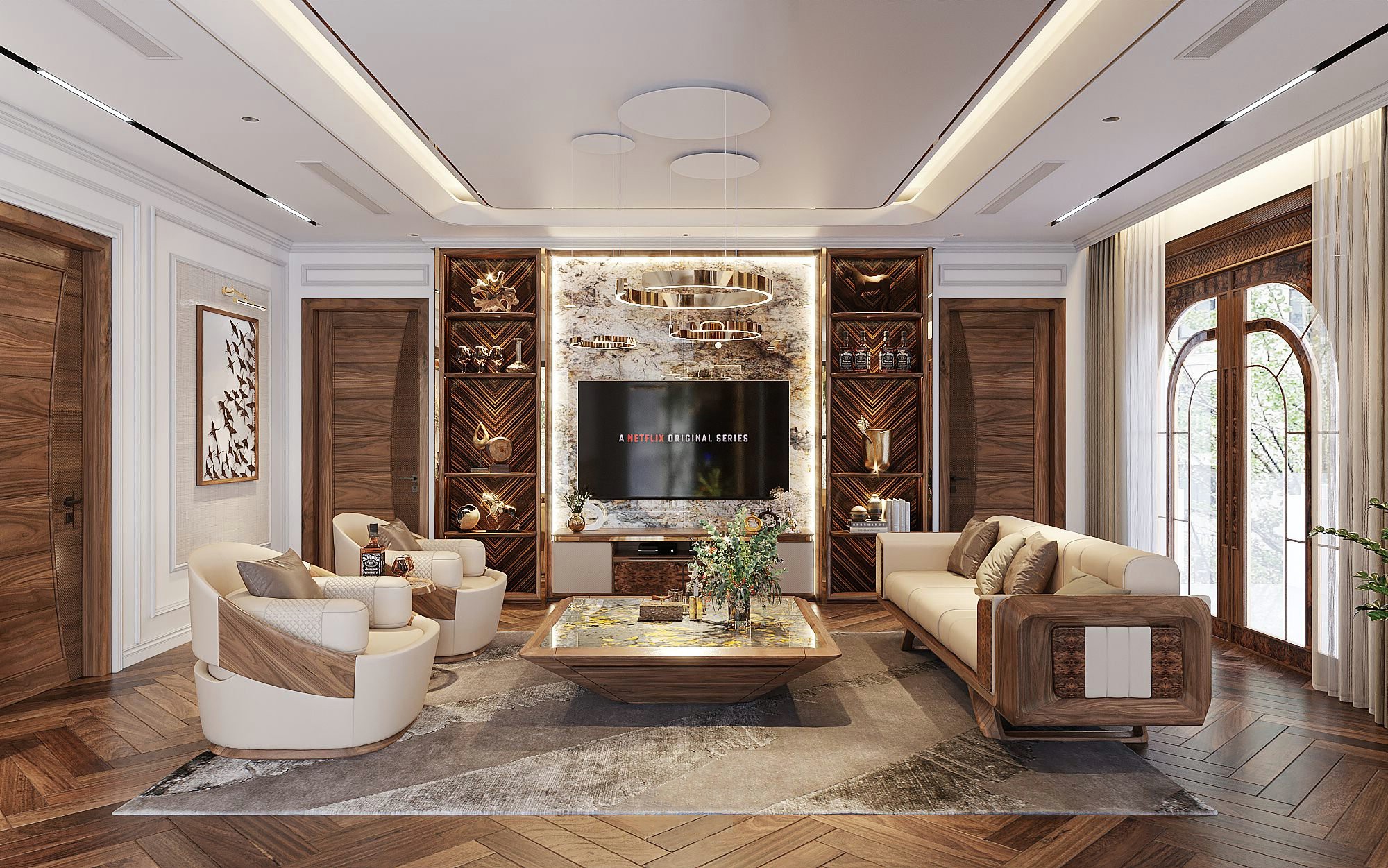 Mẫu bàn ghế gỗ óc chó phòng khách hiện đại với thiết kế thanh thoát và gam màu nâu đặc trưng.