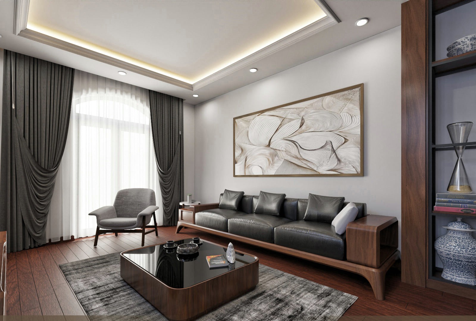 Mẫu bàn ghế gỗ óc chó phòng khách nhỏ thiết kế tinh gọn, phù hợp căn hộ diện tích hạn chế.