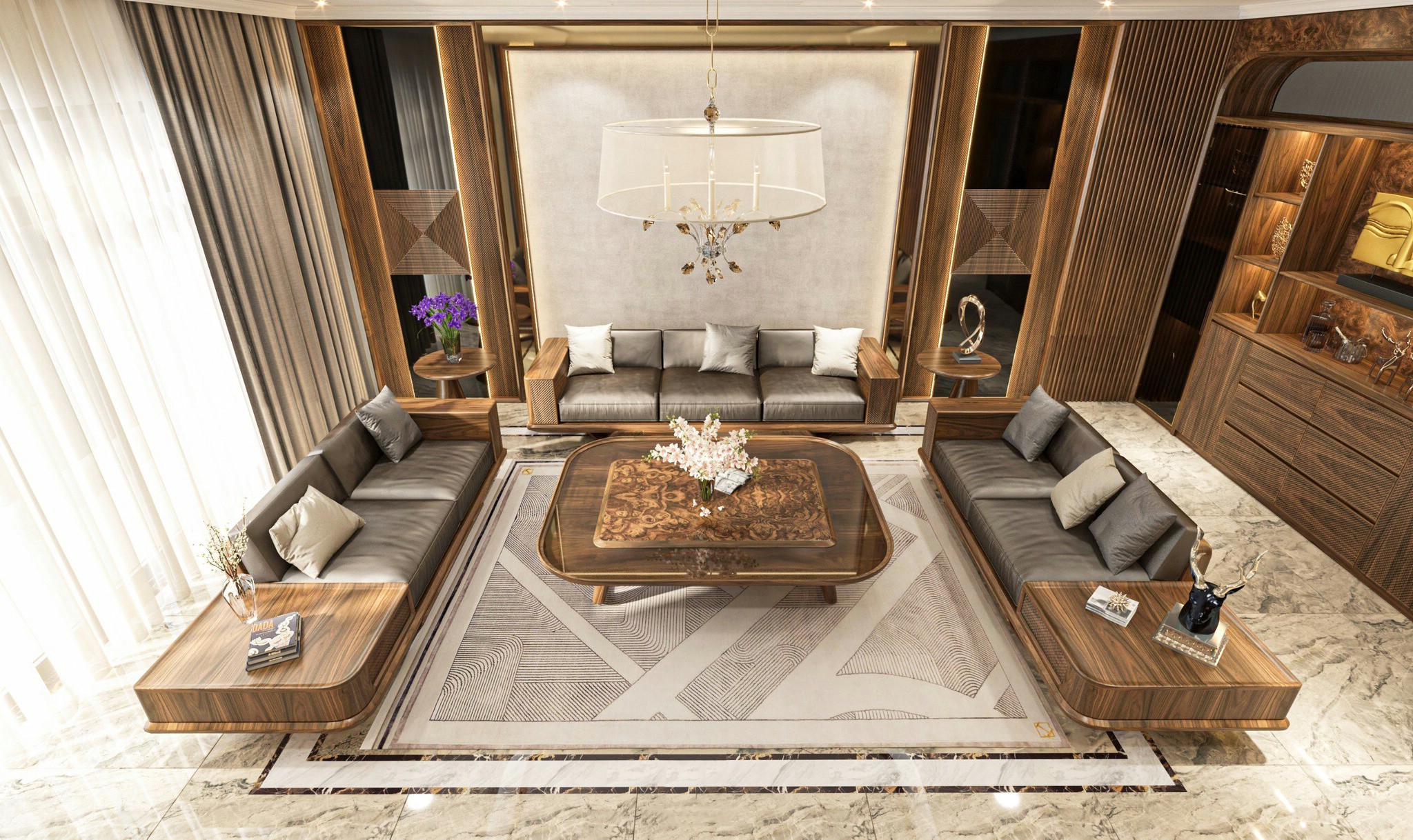 Mẫu bàn ghế gỗ óc chó phòng khách hiện đại