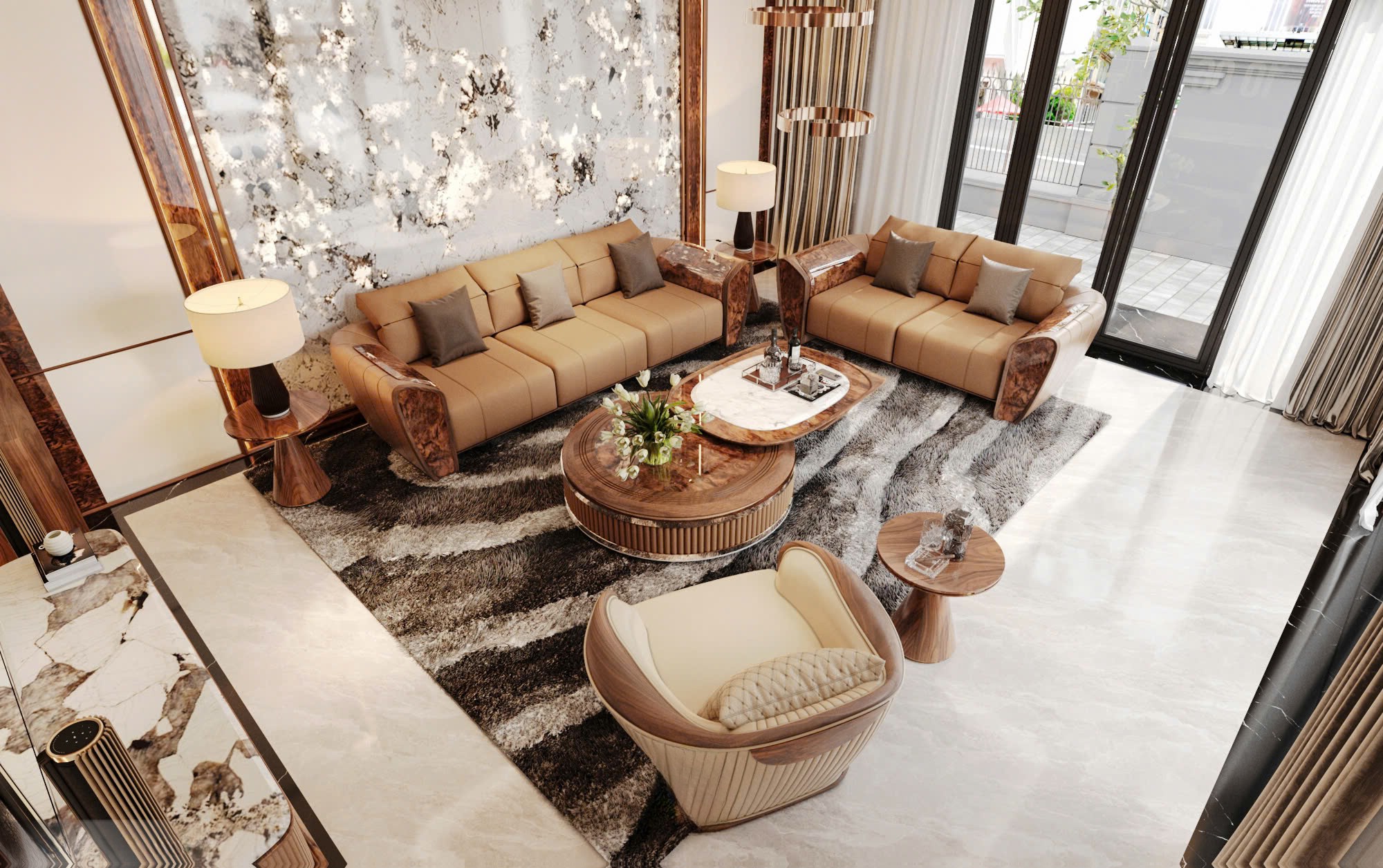 Mẫu bàn ghế phòng khách hiện đại gỗ óc chó với đường nét tối giản, tông màu trầm ấm và kết cấu chắc chắn.