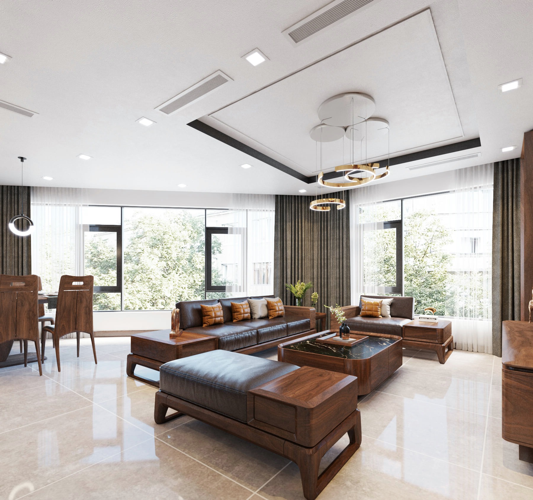 Mẫu bàn ghế sofa gỗ óc chó đẹp với kiểu dáng cân đối, màu nâu trầm ấm và đệm bọc cao cấp.