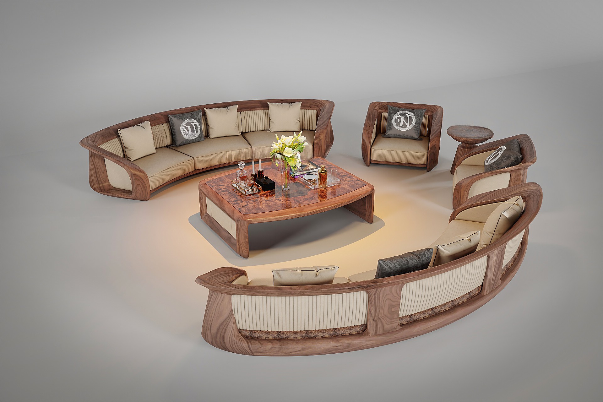 Mẫu bàn ghế sofa gỗ óc chó mới nhất với thiết kế cập nhật xu hướng, kiểu dáng thanh lịch và màu nâu tự nhiên.