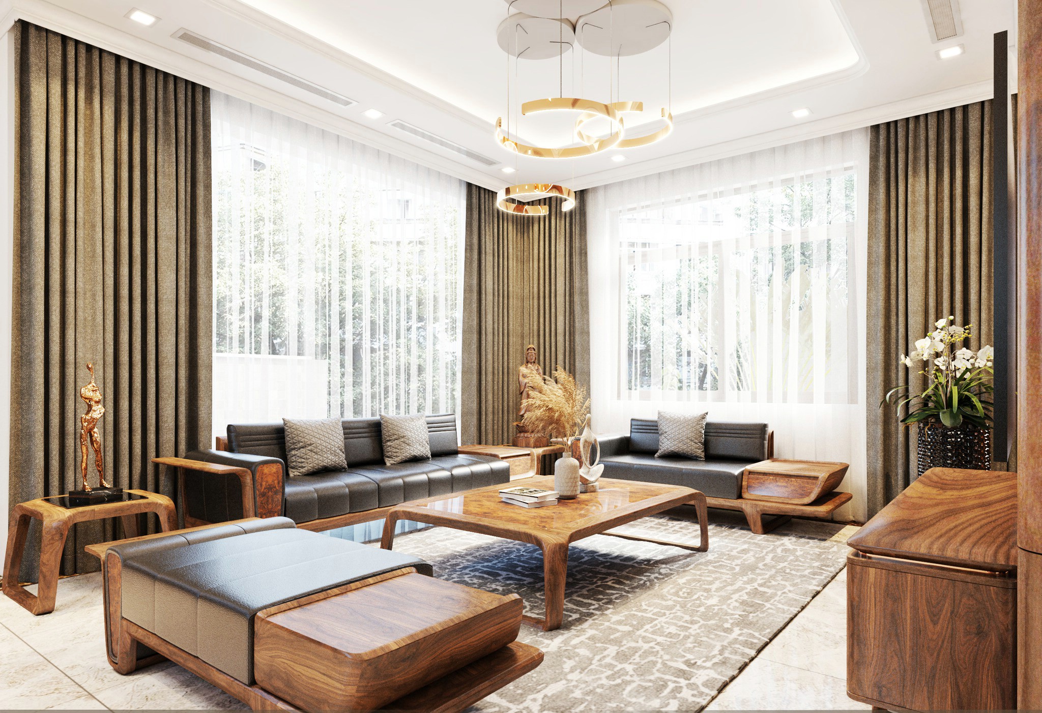 Mẫu bàn ghế sofa gỗ óc chó với thiết kế cân đối, đường nét tinh tế và chất liệu gỗ tự nhiên bền đẹp.