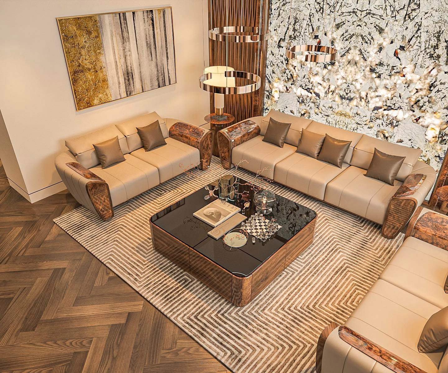 Mẫu bàn trà phòng khách gỗ óc chó với thiết kế hiện đại, mặt bàn rộng và màu sắc hài hòa.