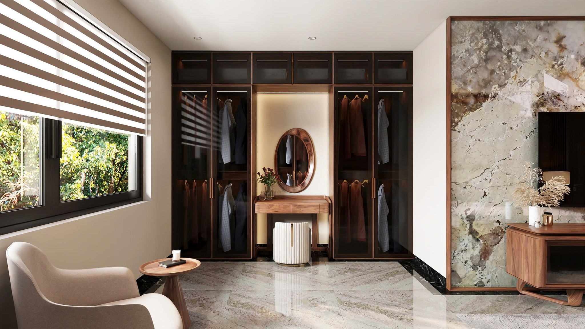 Mẫu bàn trang điểm gỗ óc chó đẹp với thiết kế sang trọng, vân gỗ tự nhiên nổi bật và hệ ngăn lưu trữ tiện lợi.