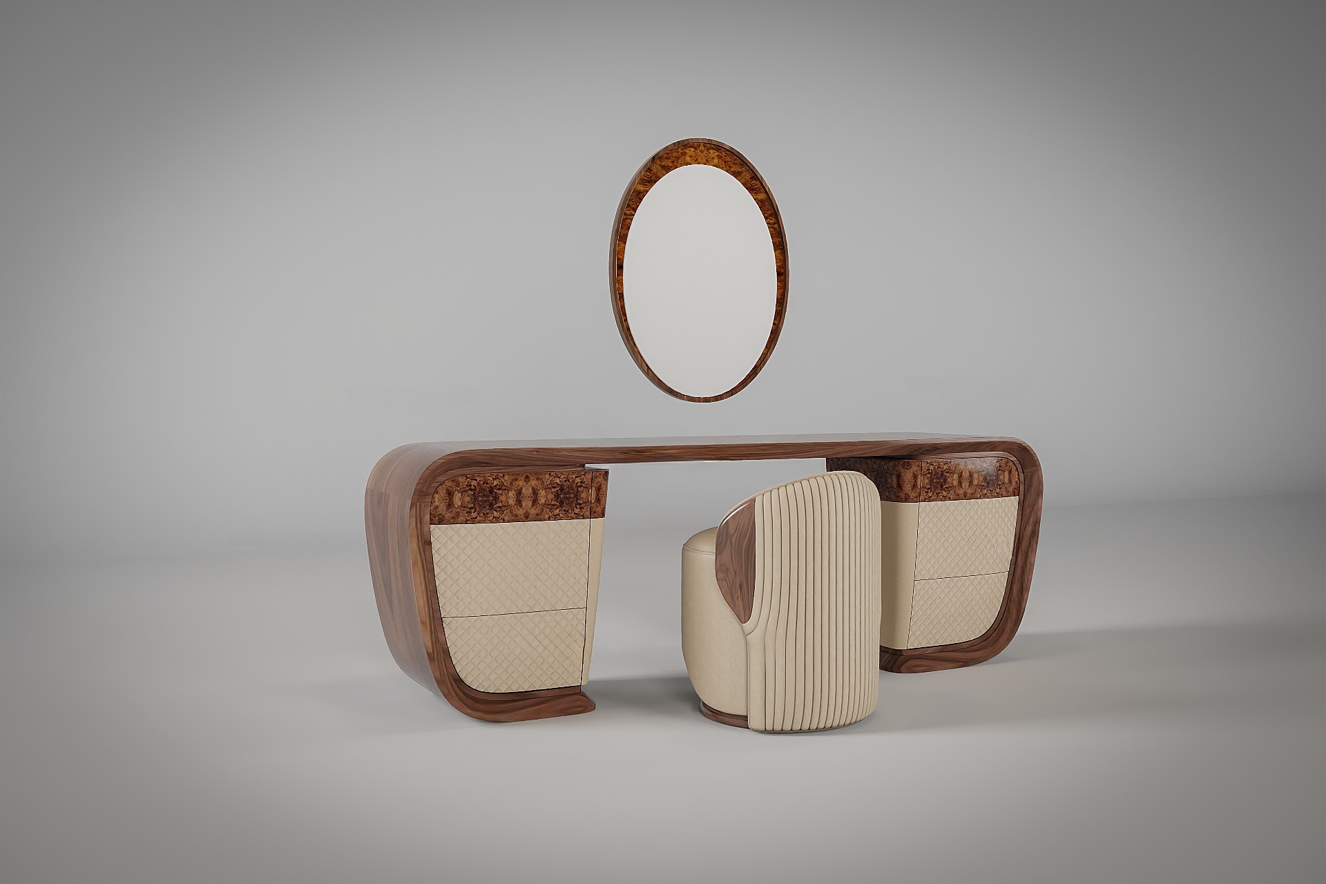 Mẫu bàn trang điểm gỗ óc chó hiện đại phong cách tối giản, gam màu nâu trầm ấm và thiết kế thanh lịch.