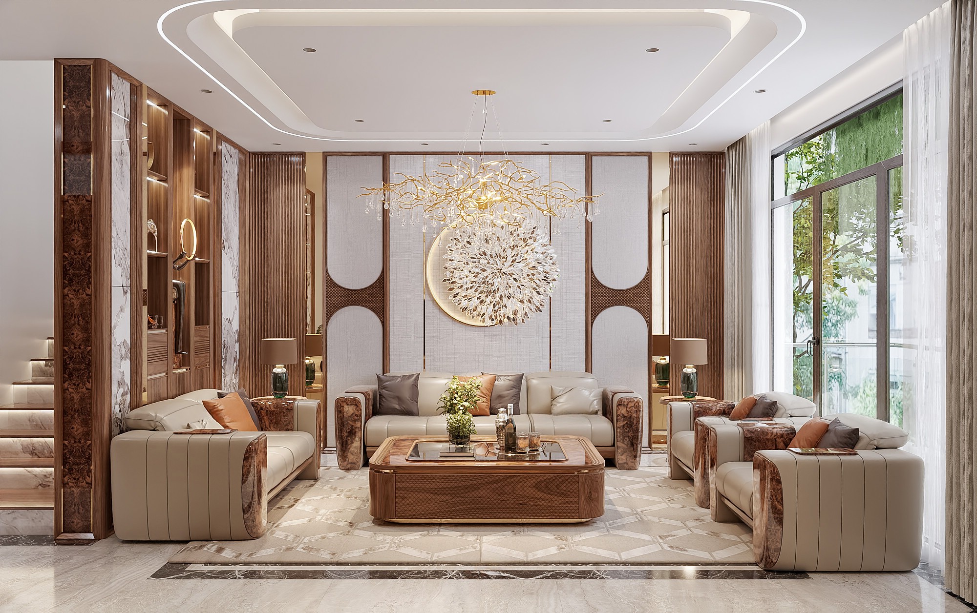 Mẫu bộ bàn ghế phòng khách gỗ óc chó đẹp với thiết kế đồng bộ, màu sắc ấm áp và đường nét tinh tế.