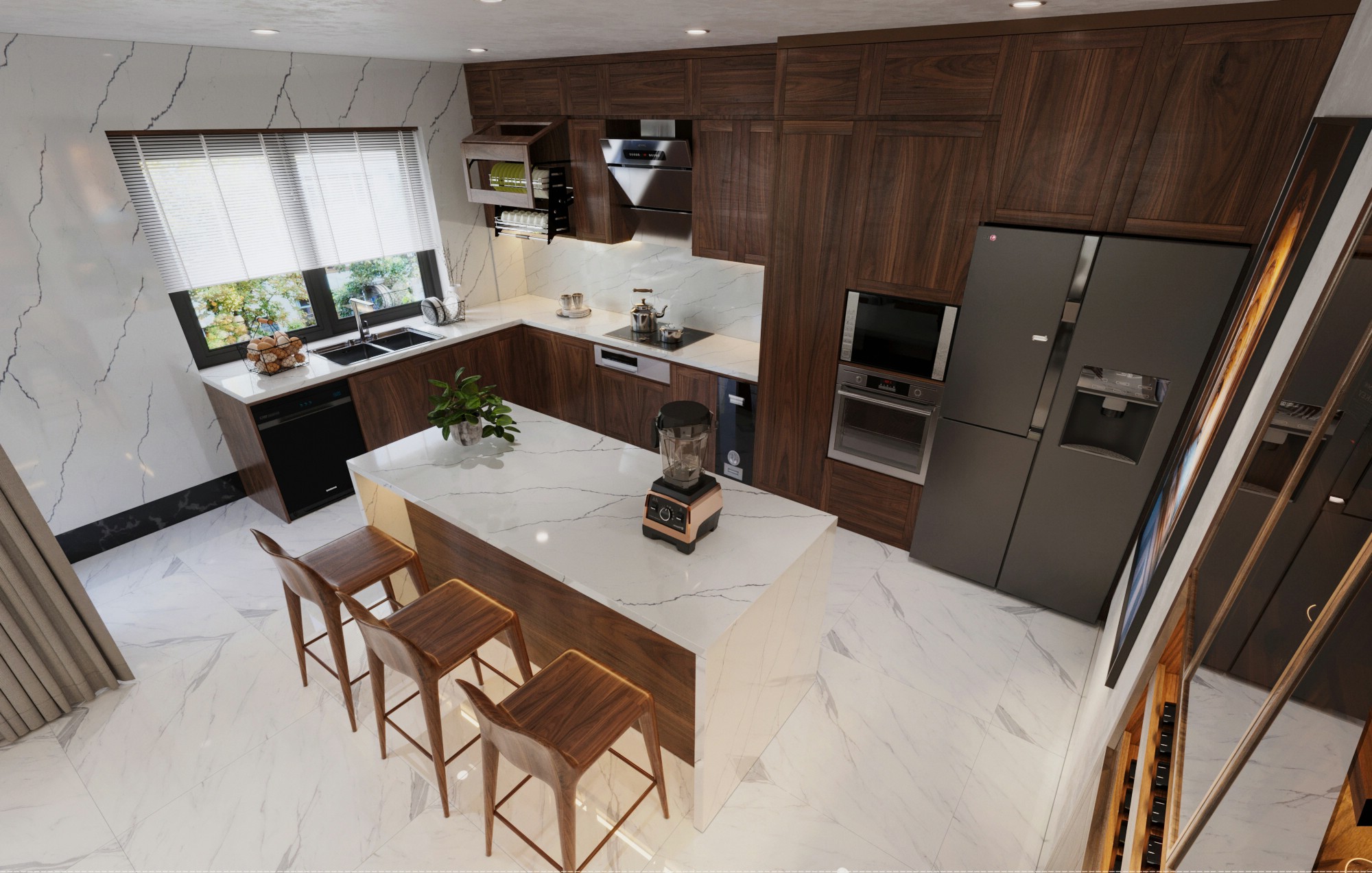 Mẫu cánh tủ bếp gỗ óc chó hiện đại