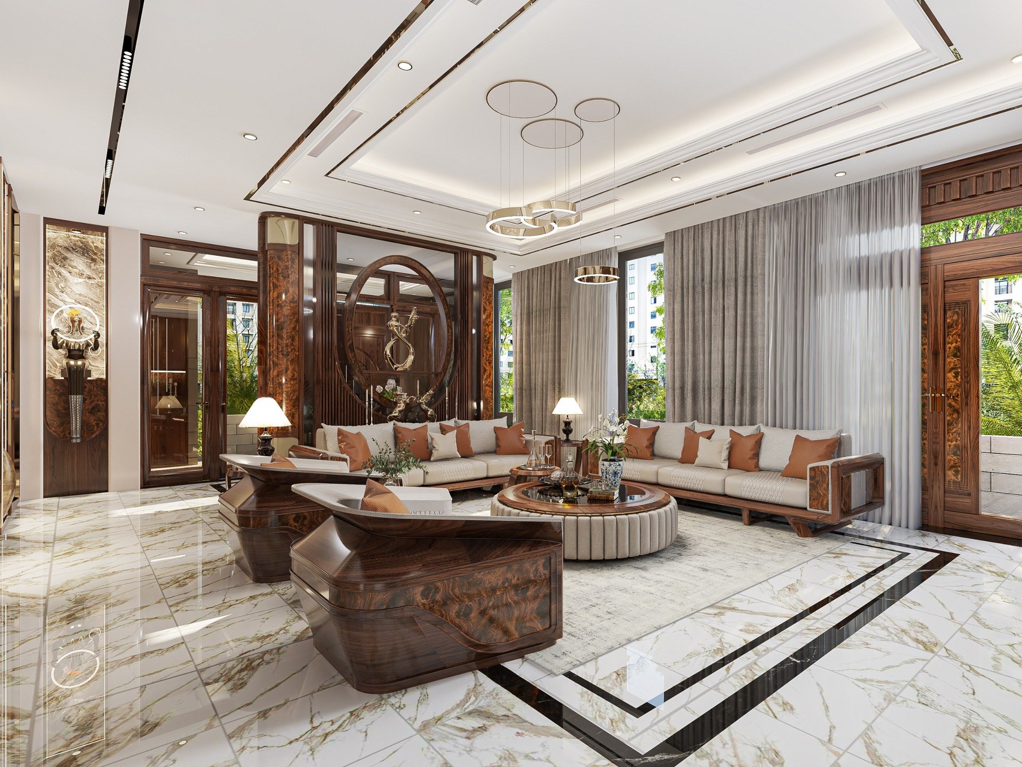 Mẫu ghế sofa gỗ óc chó đẹp với vân gỗ nổi bật và kiểu dáng hiện đại thanh lịch.