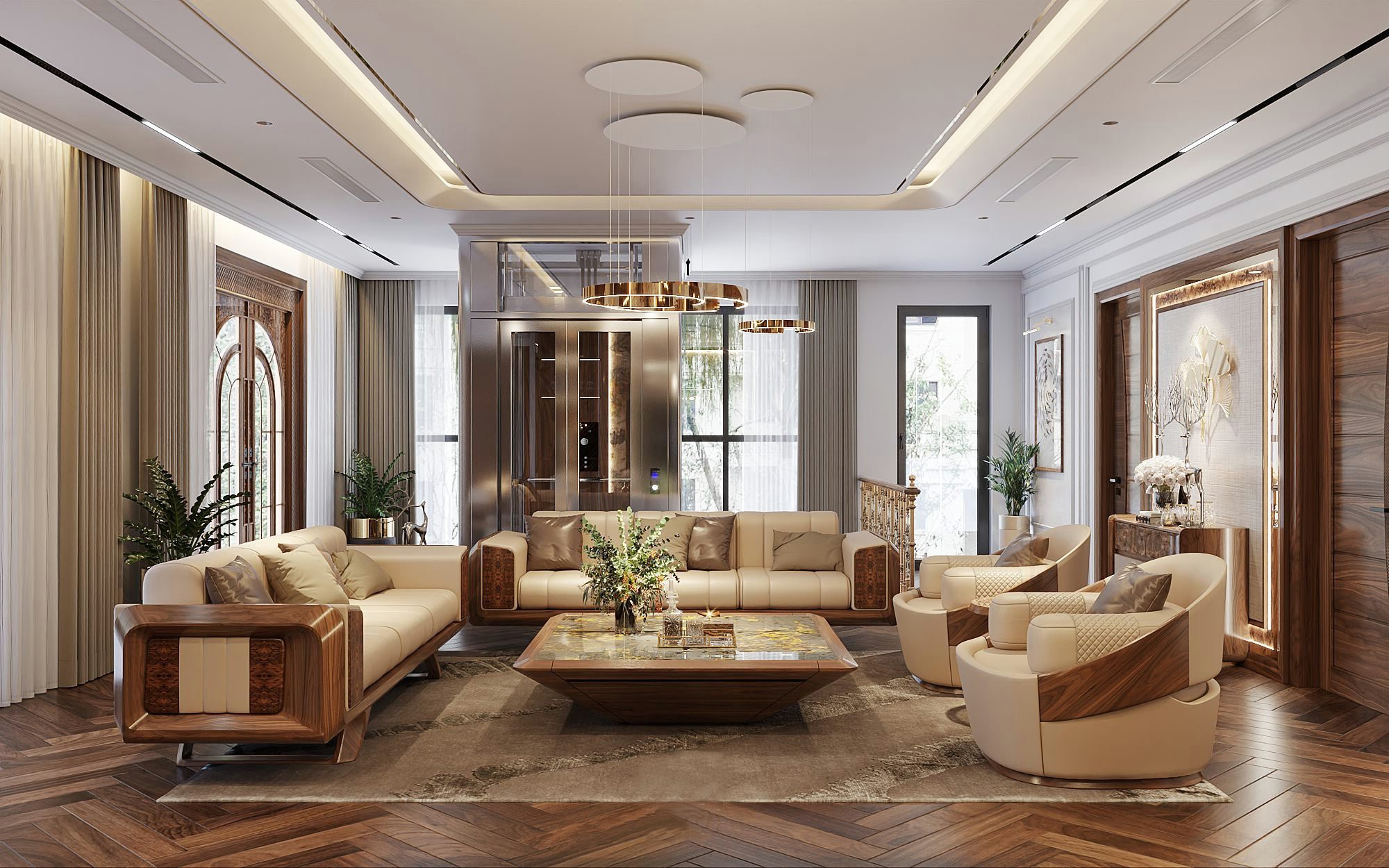 Mẫu ghế sofa gỗ óc chó hiện đại với đường nét thanh thoát và kiểu dáng tối giản tinh tế.