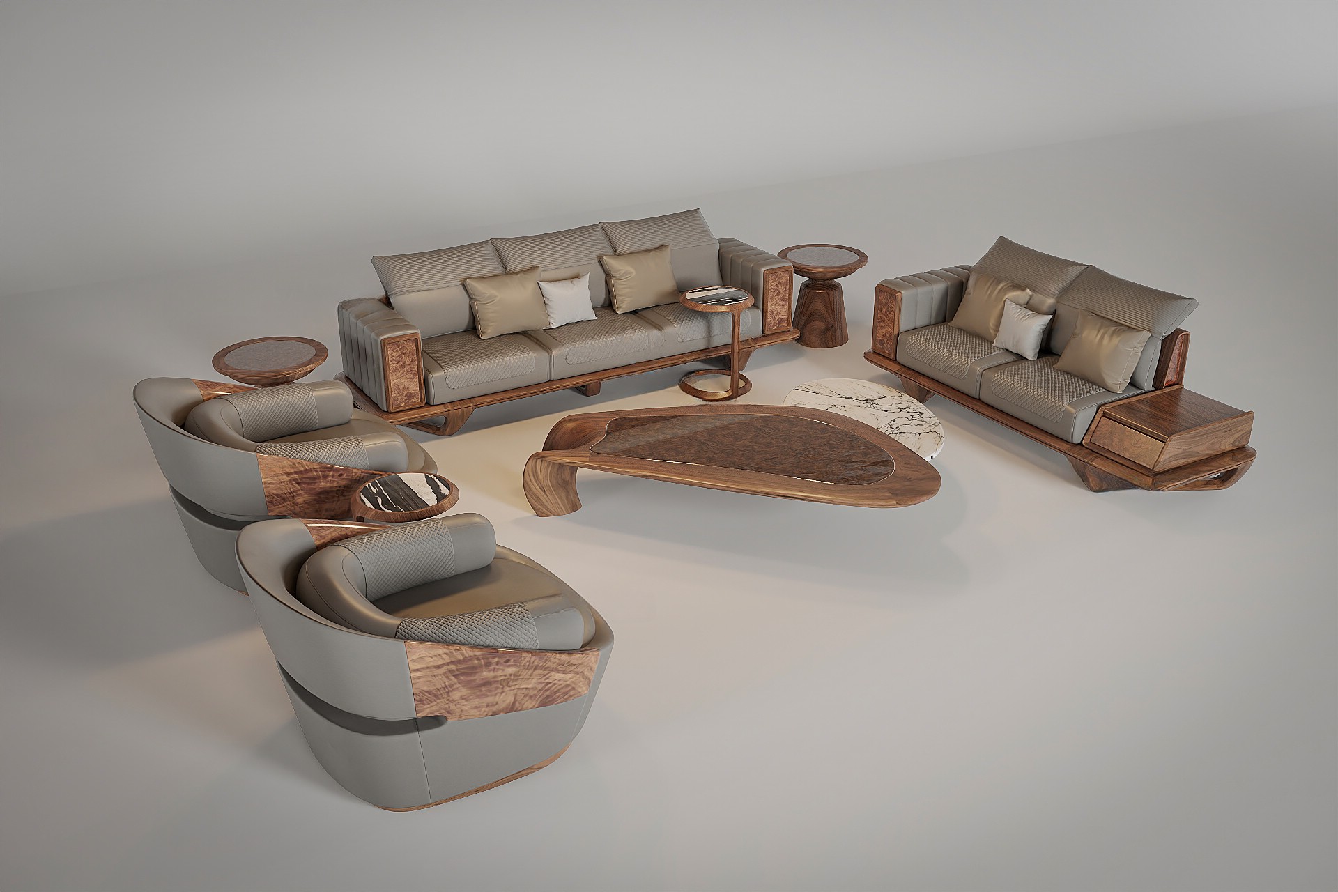 Mẫu ghế sofa gỗ óc chó phòng khách với thiết kế hiện đại và khung gỗ chắc chắn.