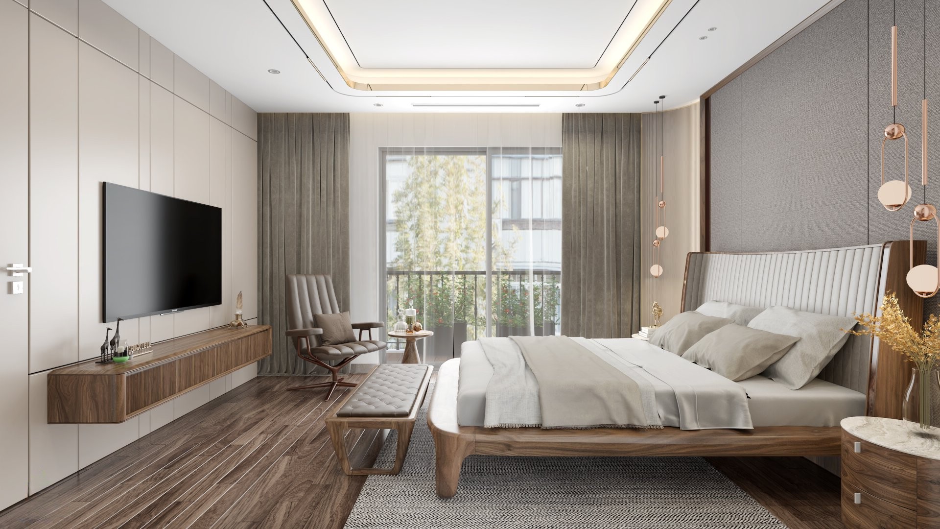 Mẫu giường gỗ óc chó tự nhiên hiện đại với vân gỗ sắc nét và kiểu dáng thanh thoát.