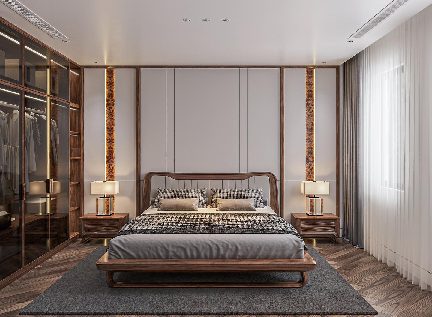 Mẫu giường ngủ bằng gỗ óc chó Platform hiện đại