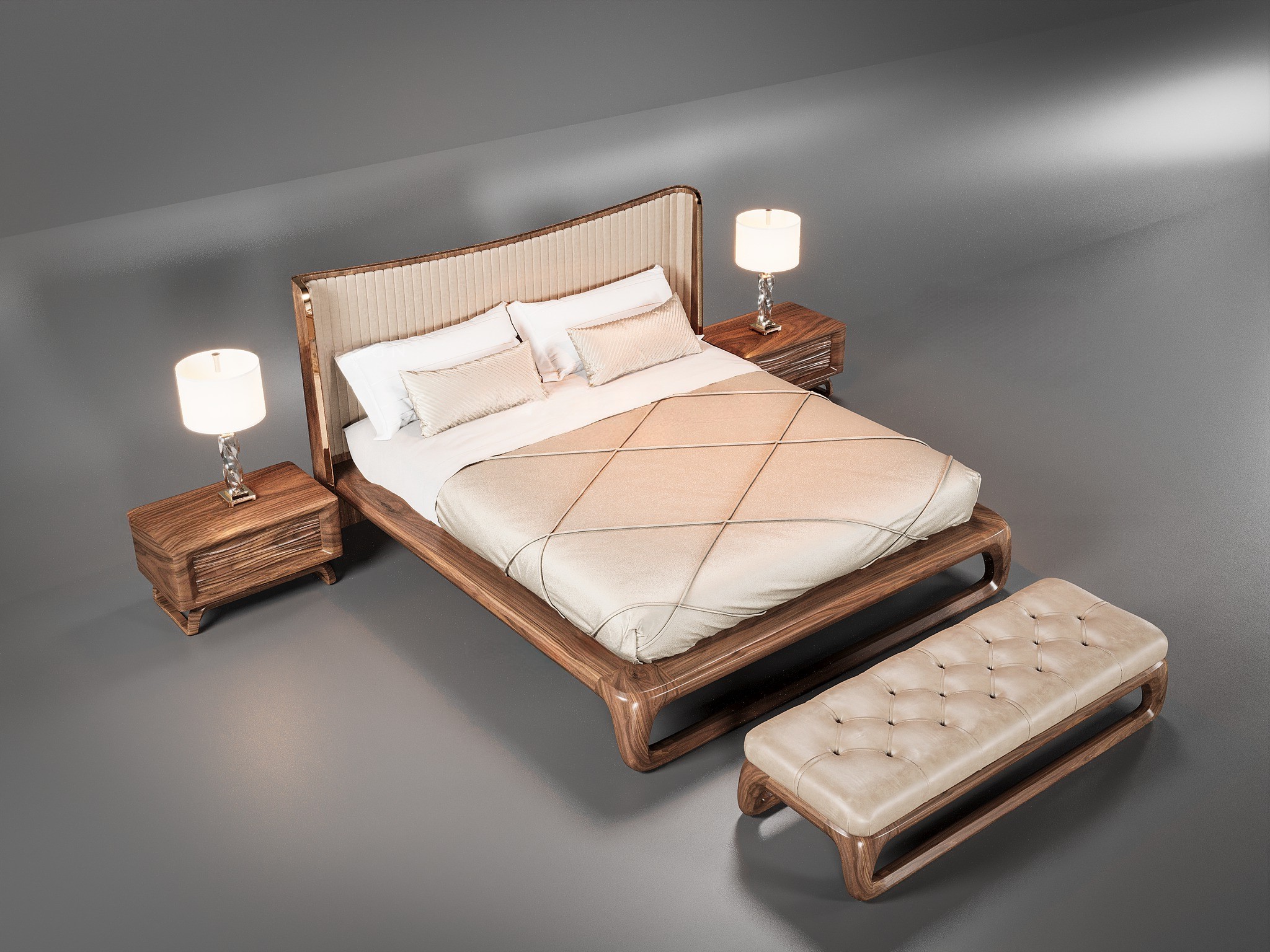 Mẫu giường ngủ bằng gỗ óc chó tự nhiên Platform hiện đại