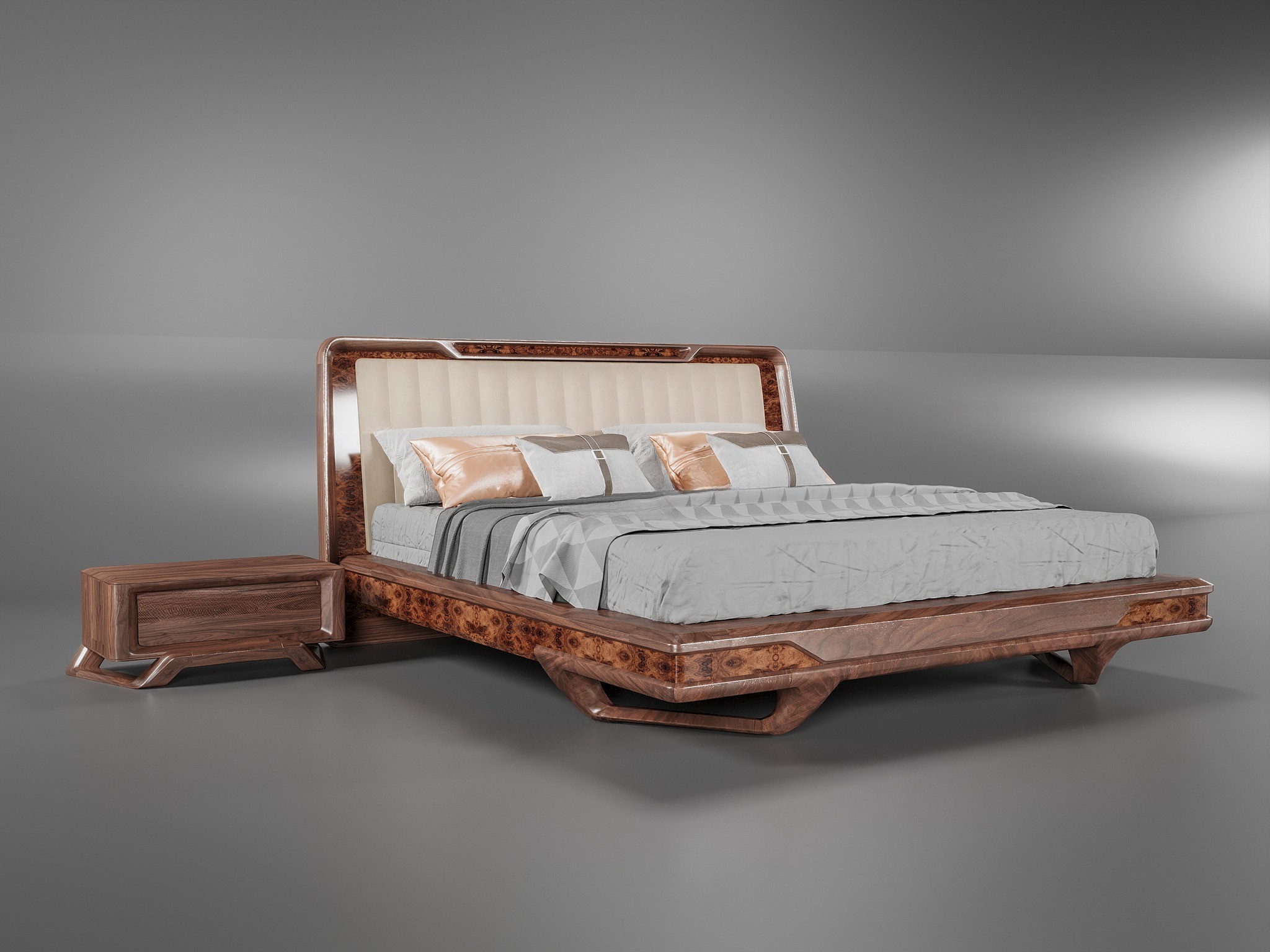 Mẫu giường ngủ Platform gỗ óc chó hiện đại