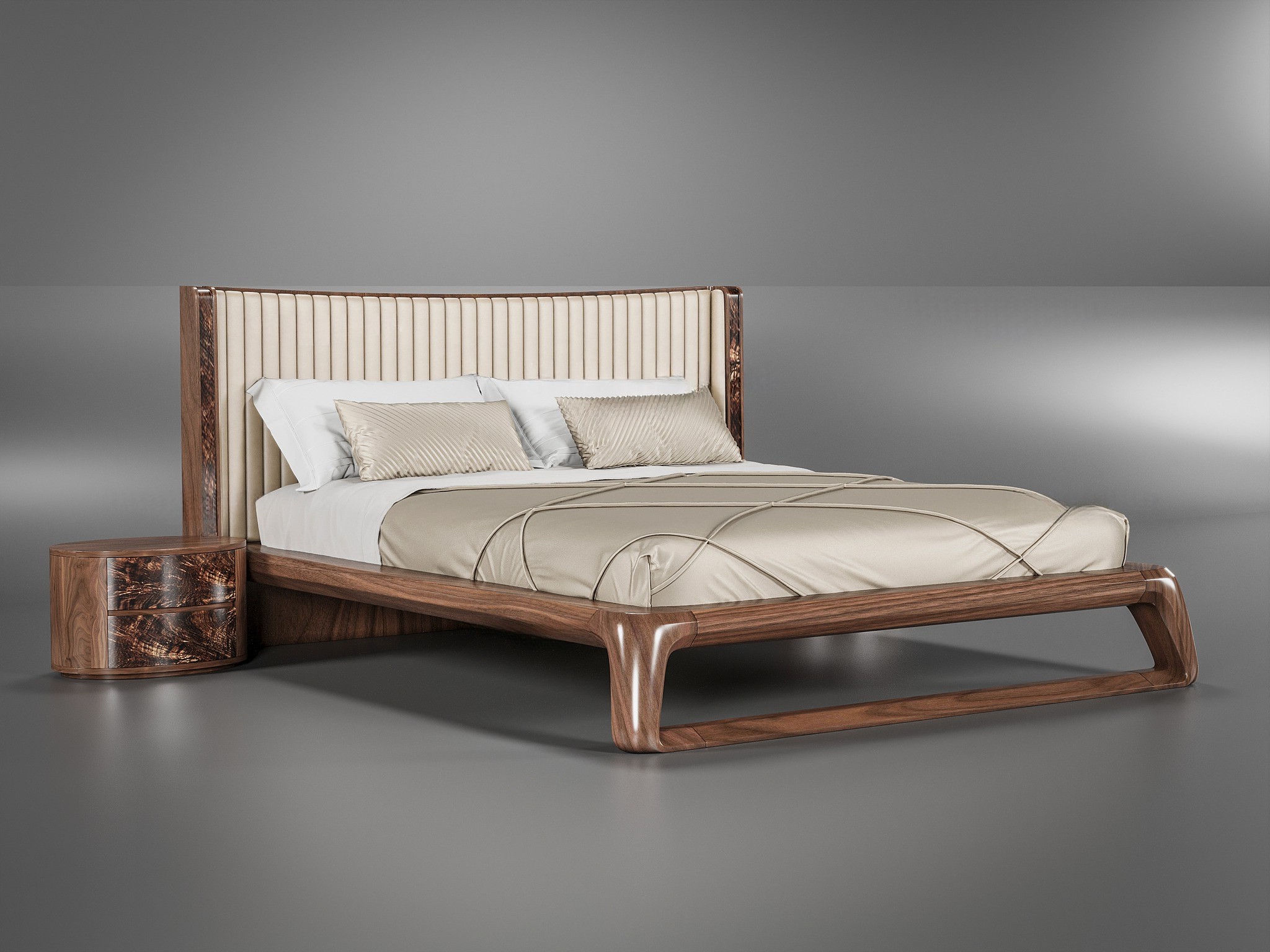 Mẫu giường ngủ đẹp hiện đại gỗ óc chó với thiết kế tối giản, đường nét tinh tế và màu nâu trầm sang trọng đặc trưng.