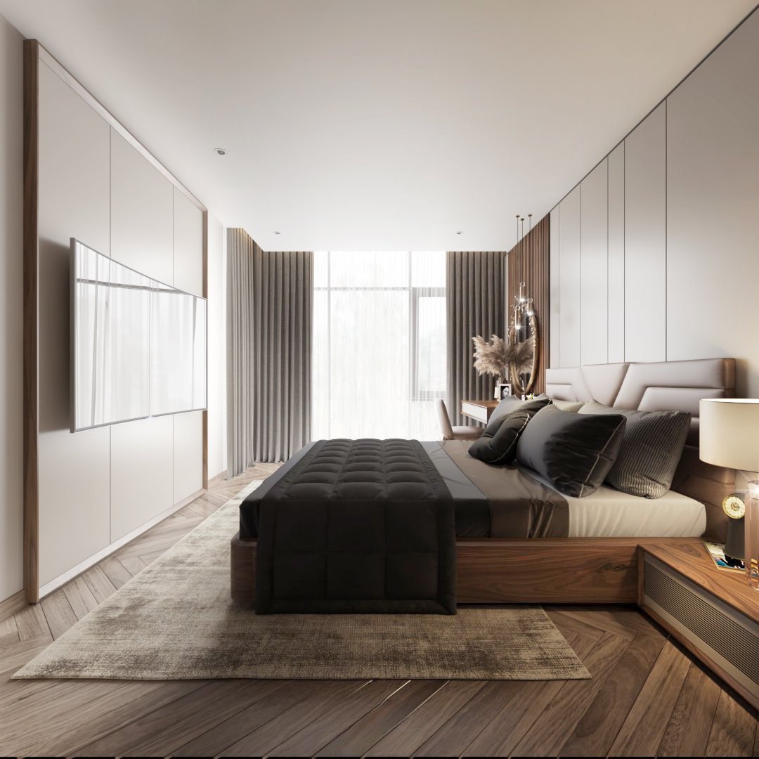 mẫu giường ngủ gỗ óc chó đẹp có ngăn kéo thiết kế hình hộp chân bệt