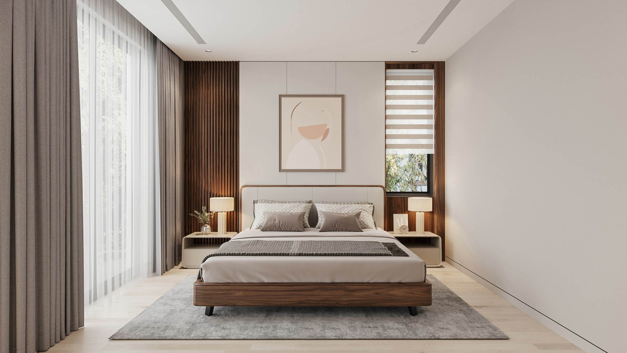 mẫu giường ngủ gỗ óc chó đẹp đơn giản hình hộp chân kim loại đen