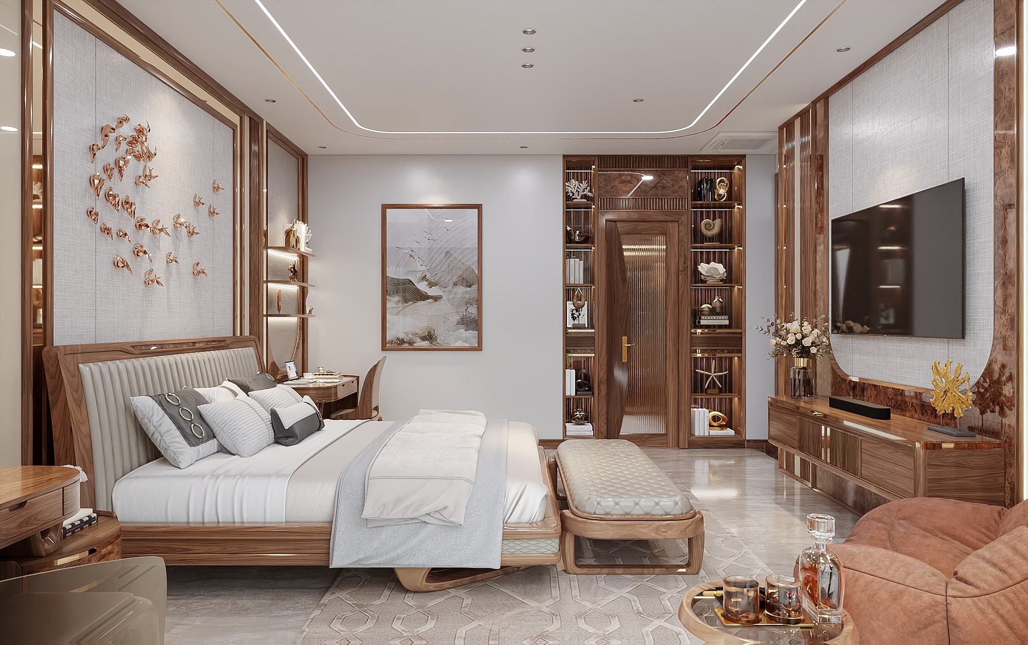 Mẫu giường ngủ gỗ óc chó đẹp hiện đại với màu nâu trầm ấm áp và thiết kế thanh lịch.