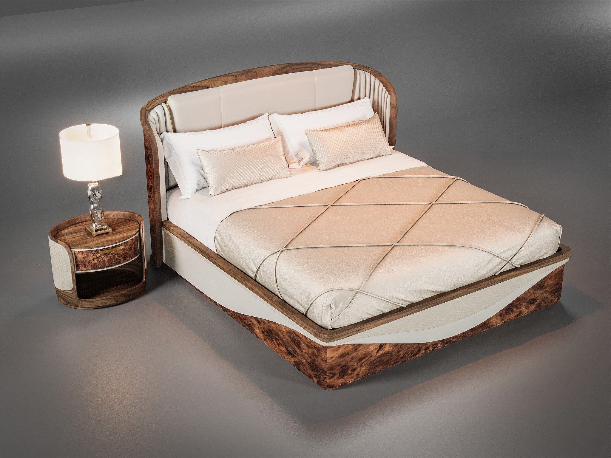 mẫu giường ngủ gỗ óc chó đẹp hình hộp chân bệt phối veneer vân nu và da PU