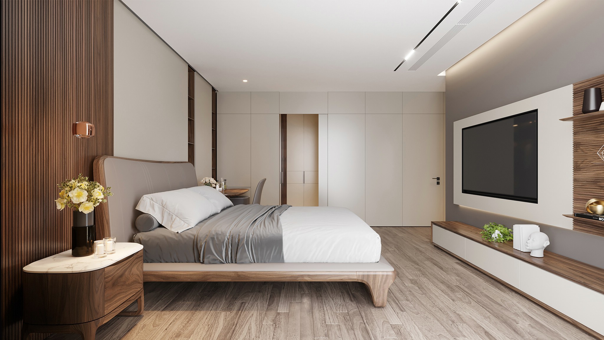 Mẫu giường ngủ gỗ óc chó hiện đại với đường nét tối giản, đầu giường thiết kế thanh lịch và vân gỗ tự nhiên nổi bật.