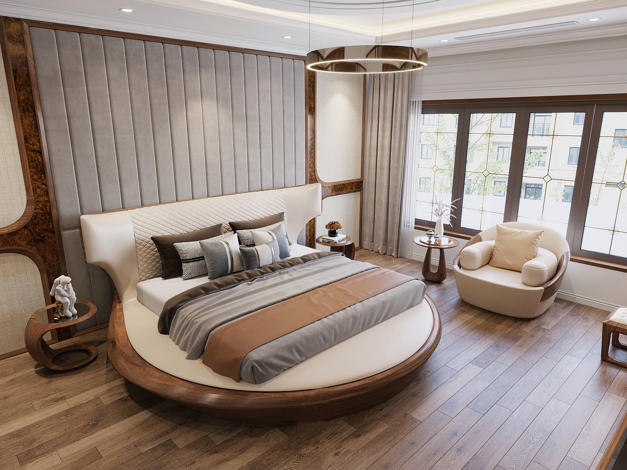 mẫu giường ngủ gỗ óc chó sang trọng thiết kế hình tròn bọc da PU trắng kem