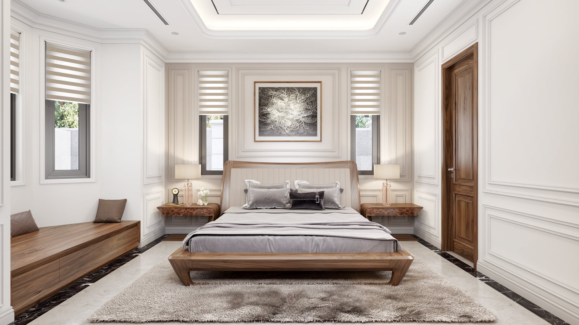 mẫu giường ngủ gỗ óc chó thấp Platform đầu giường cong bọc da PU