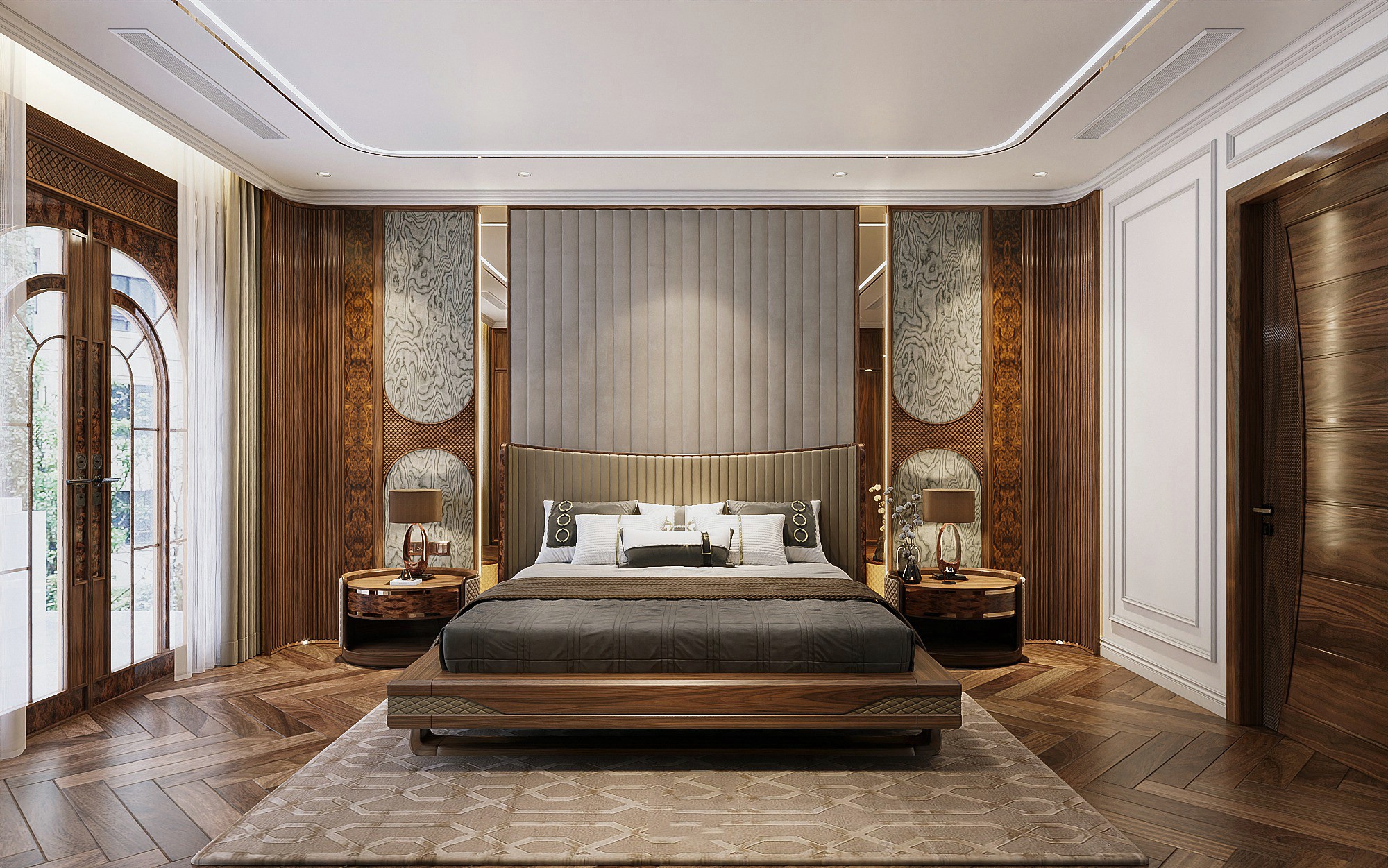 mẫu giường ngủ gỗ óc chó tự nhiên đẹp Platform phối da PU và veneer vân nu