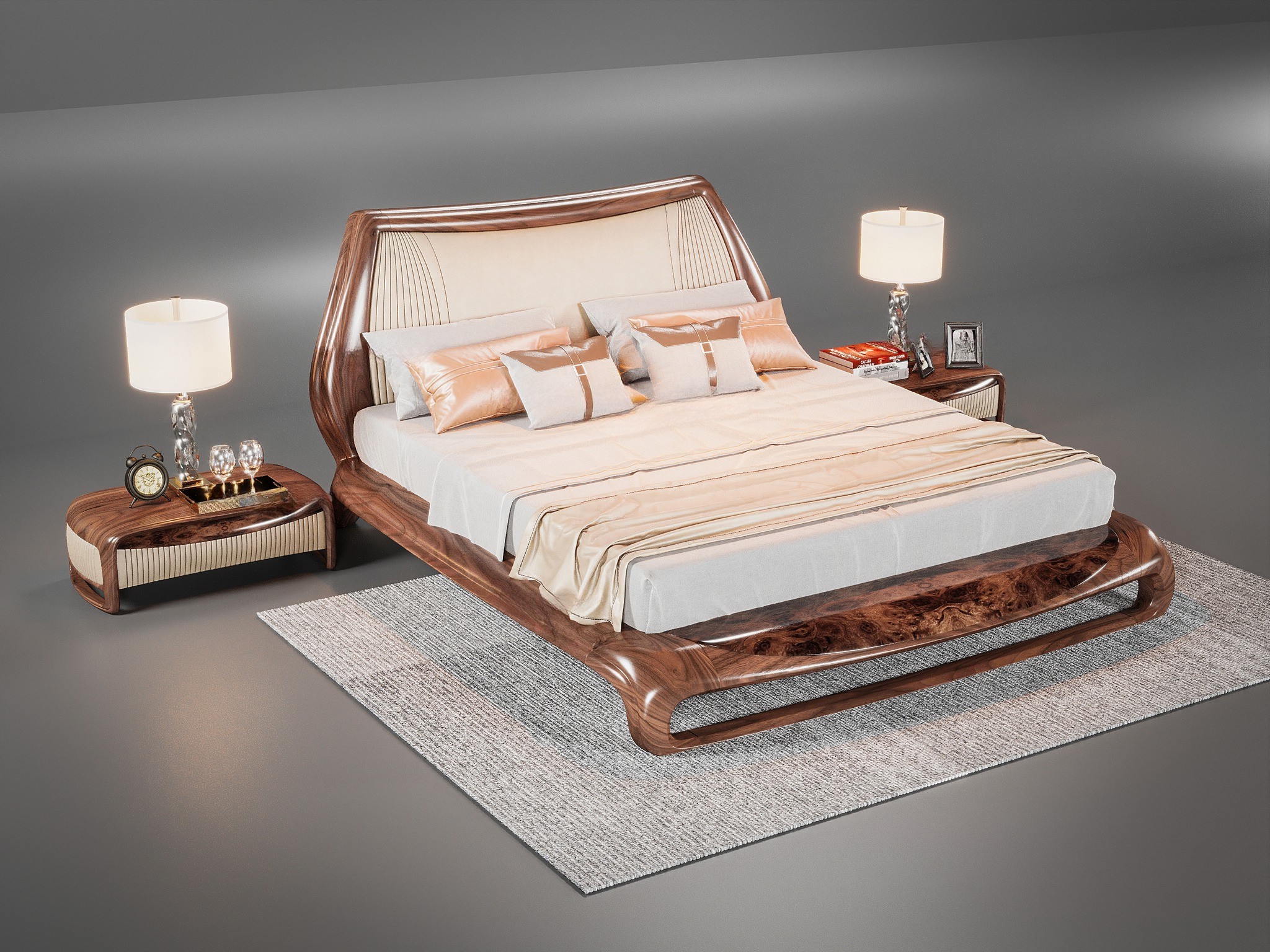 mẫu giường ngủ gỗ óc chó tự nhiên hiện đại đầu giường cong bọc da PU
