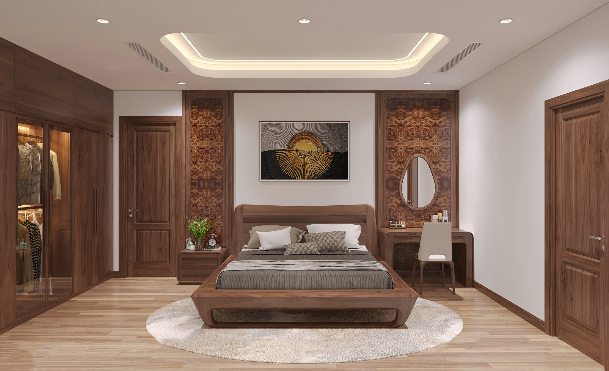 mẫu giường ngủ gỗ óc chó tự nhiên Platform đầu giường CNC lam sóng