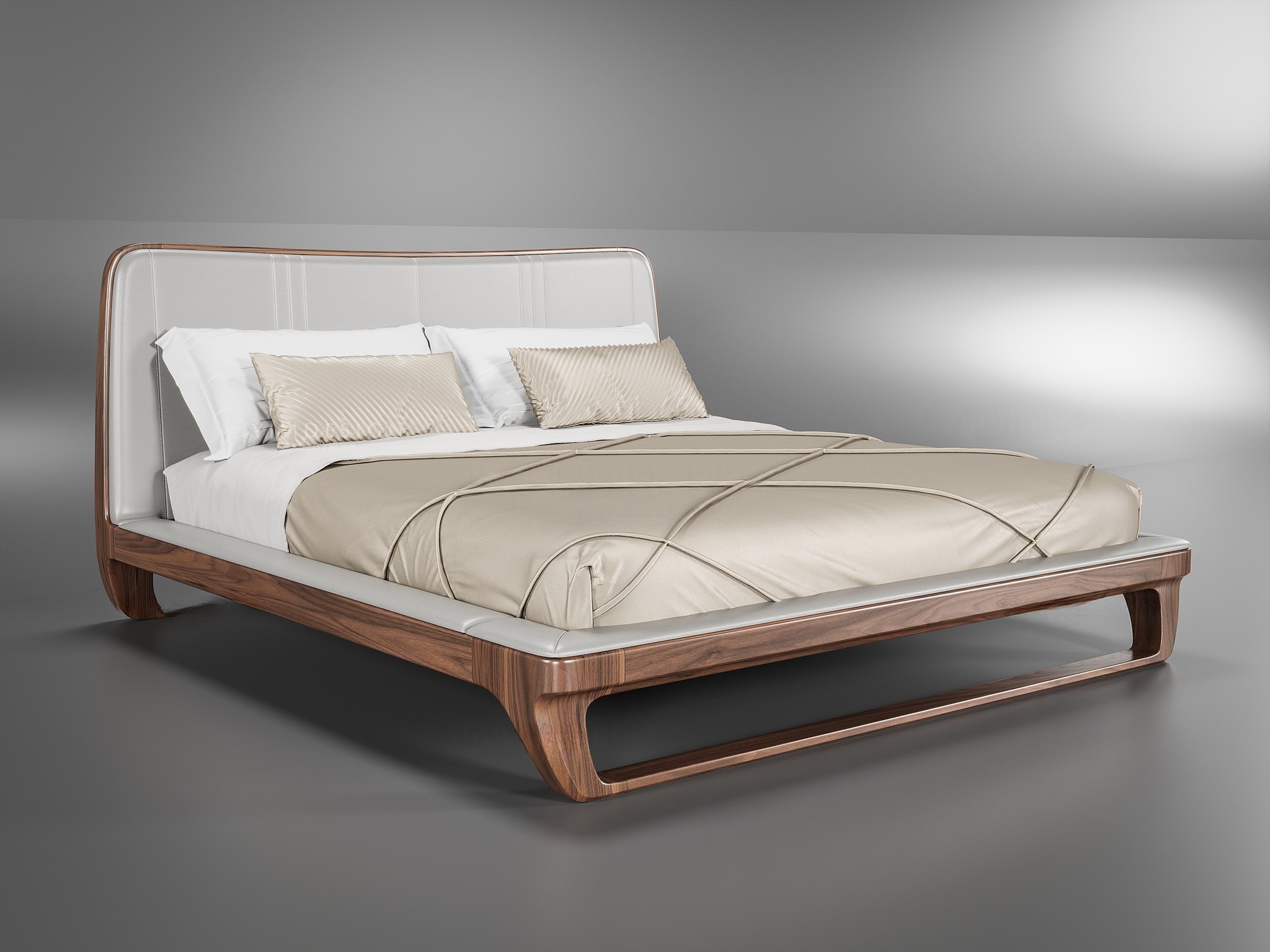 mẫu giường ngủ thấp gỗ óc chó đẹp Platform bọc da PU trắng kem