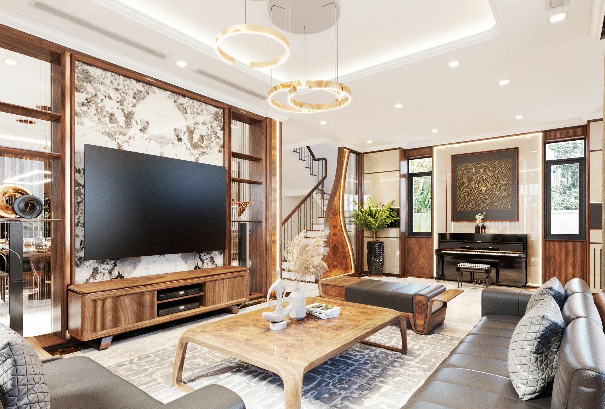 mẫu kệ tivi bằng gỗ óc chó đẹp màu nâu vàng sáng chân quỳ thấp