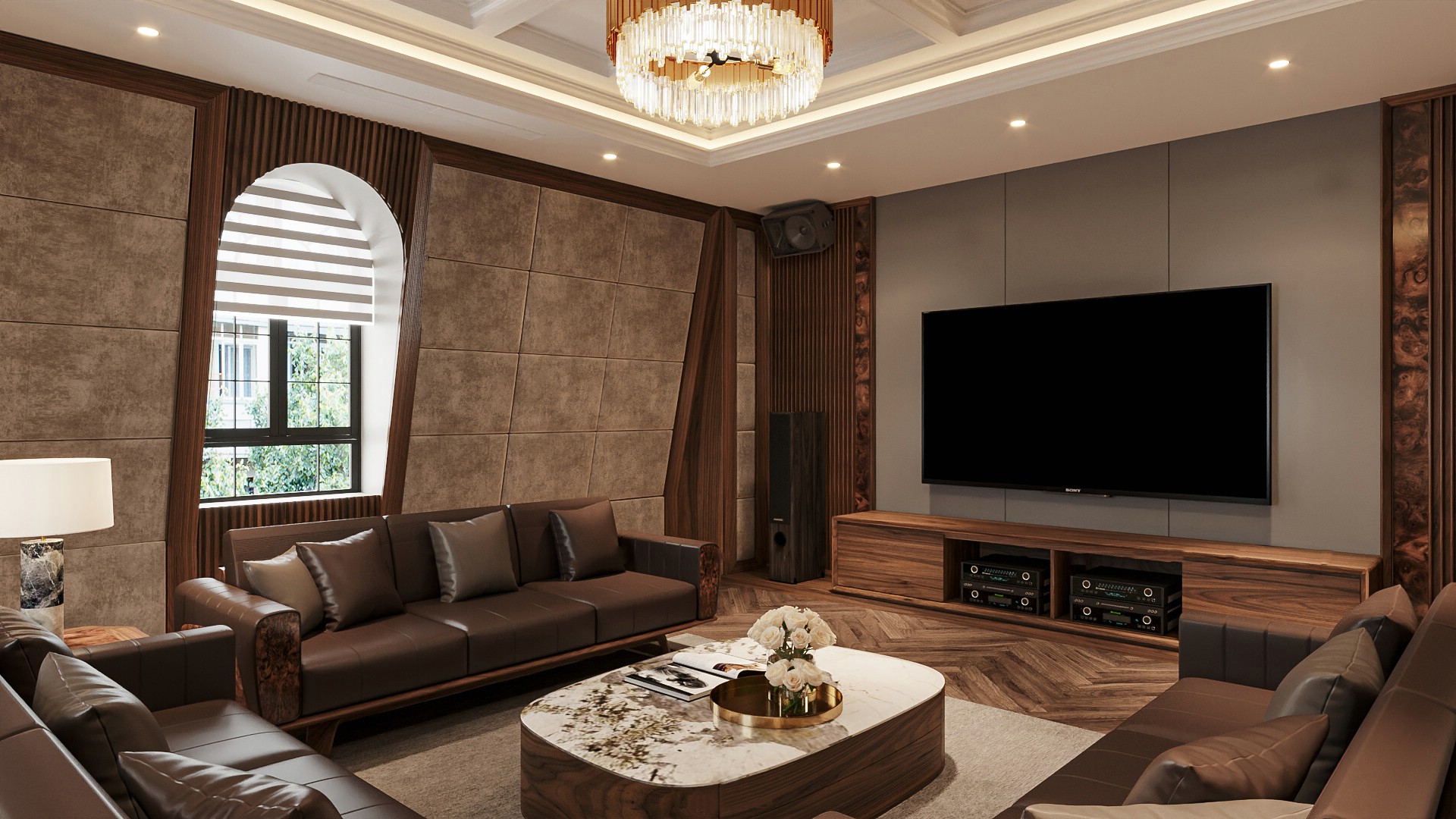 mẫu kệ tivi bằng gỗ óc chó hình hộp chân bệt phòng khách