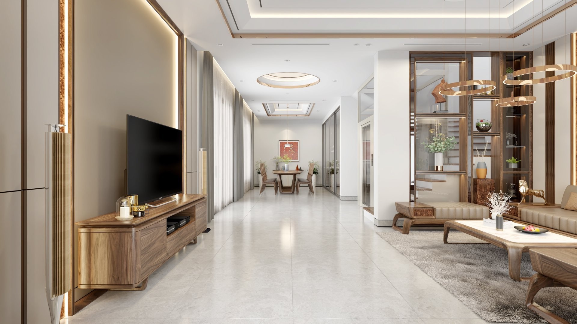 mẫu kệ tivi đẹp gỗ óc chó bo tròn chân quỳ thấp nhấn mở thông minh