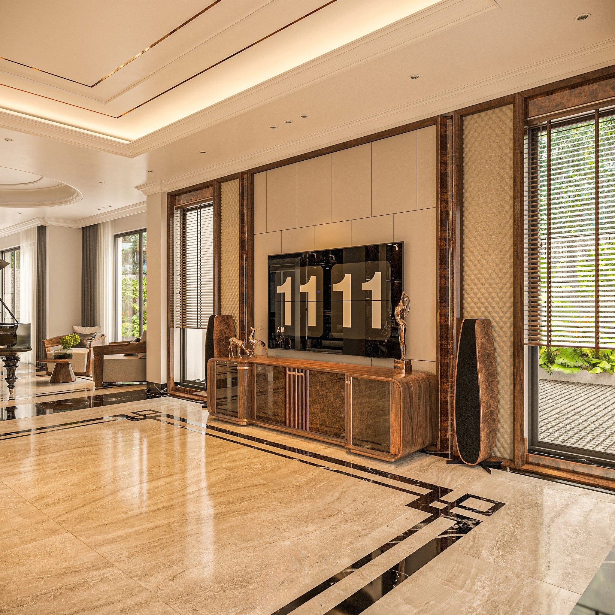 Mẫu kệ tivi gỗ óc chó hiện đại thiết kế tối giản, tập trung vào đường nét và công năng sử dụng.