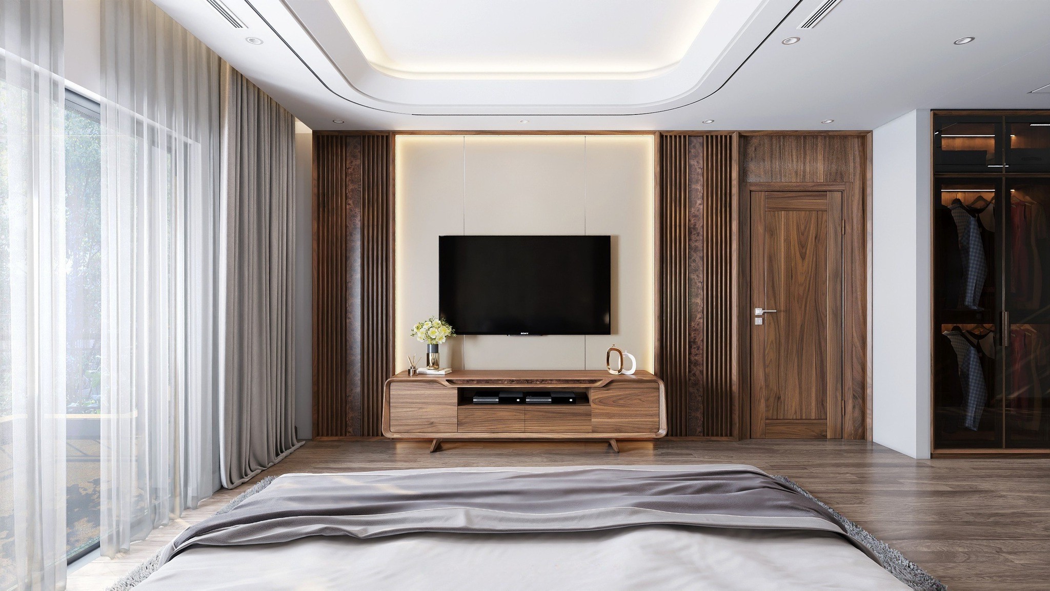 mẫu kệ tivi hiện đại gỗ óc chó đơn giản chân chữ A thấp uốn cong